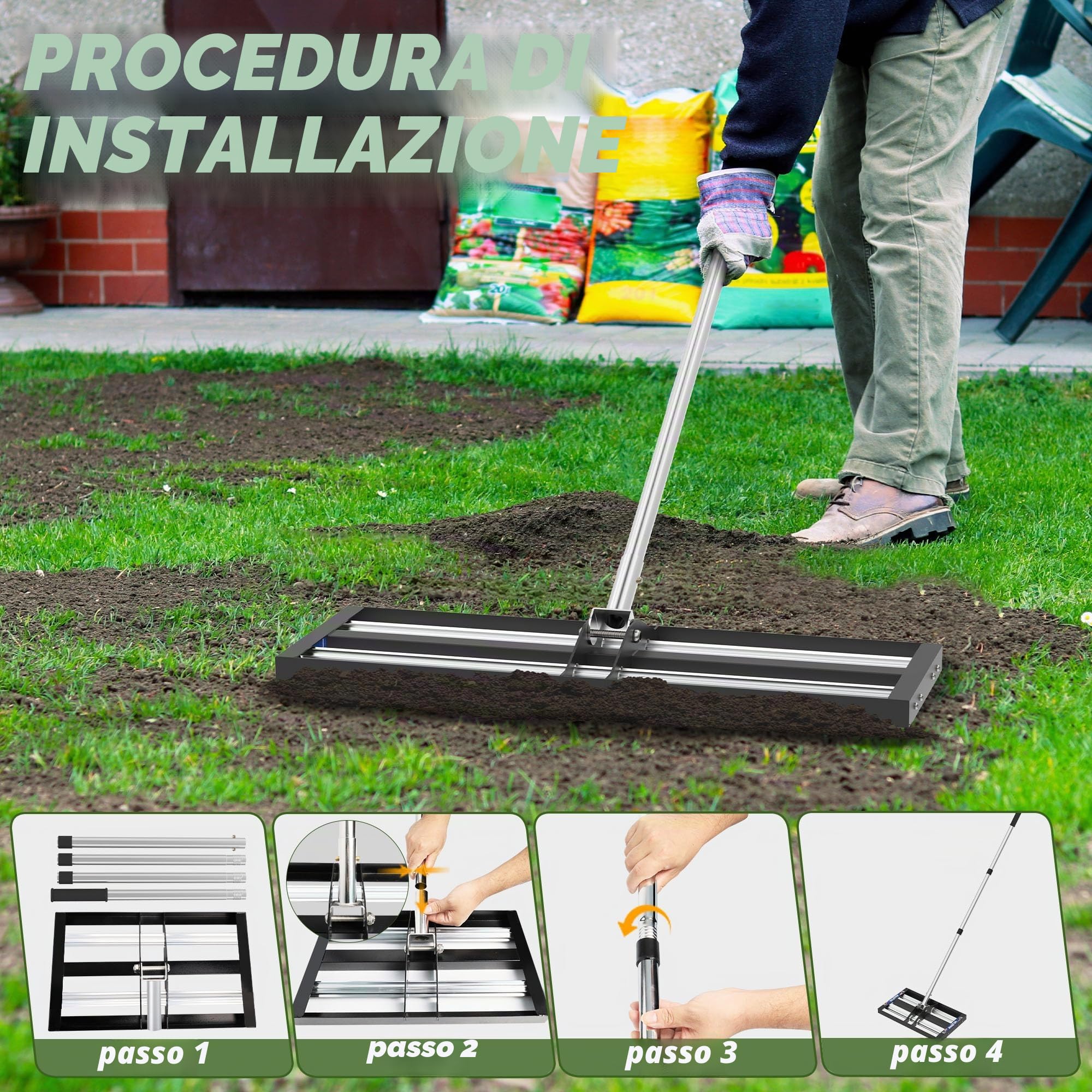 Nelyrho Rastrello livellatore per prato con rulli in alluminio, in acciaio inox, 76 x 25 cm, livellatore per prato resistente con manico esteso da 203 cm, rastrello livellatore per giardino, prato da