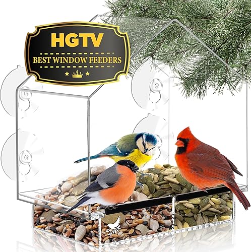 Miniatura 8 de Ventana para alimentar pájaros con bandeja extraíble con orificios de drenaje y 3 tazasde extra succión Natures Hangout Gran tamaño 100 acrílico