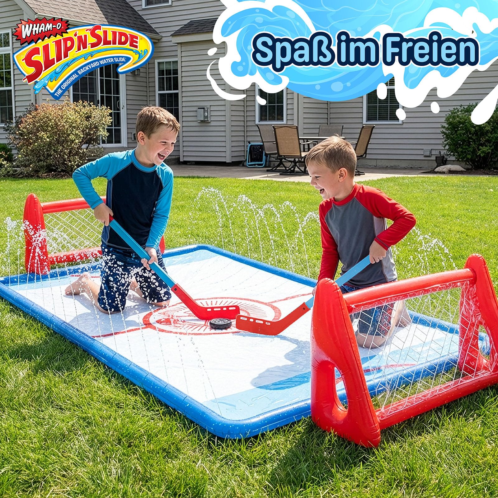 Wham-O Slip N Slide Wasser-Kniehockey-Set mit 2 aufblasbaren Toren, 2 Schlägern und 1 Puck