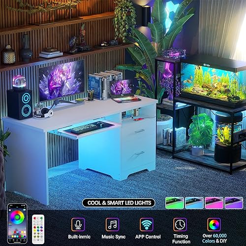 Miniatura 7 de Escritorio reversible para computadora con cajones de archivos, escritorio de oficina de 55 pulgadas con luz LED RGB y toma de corriente, escritorio