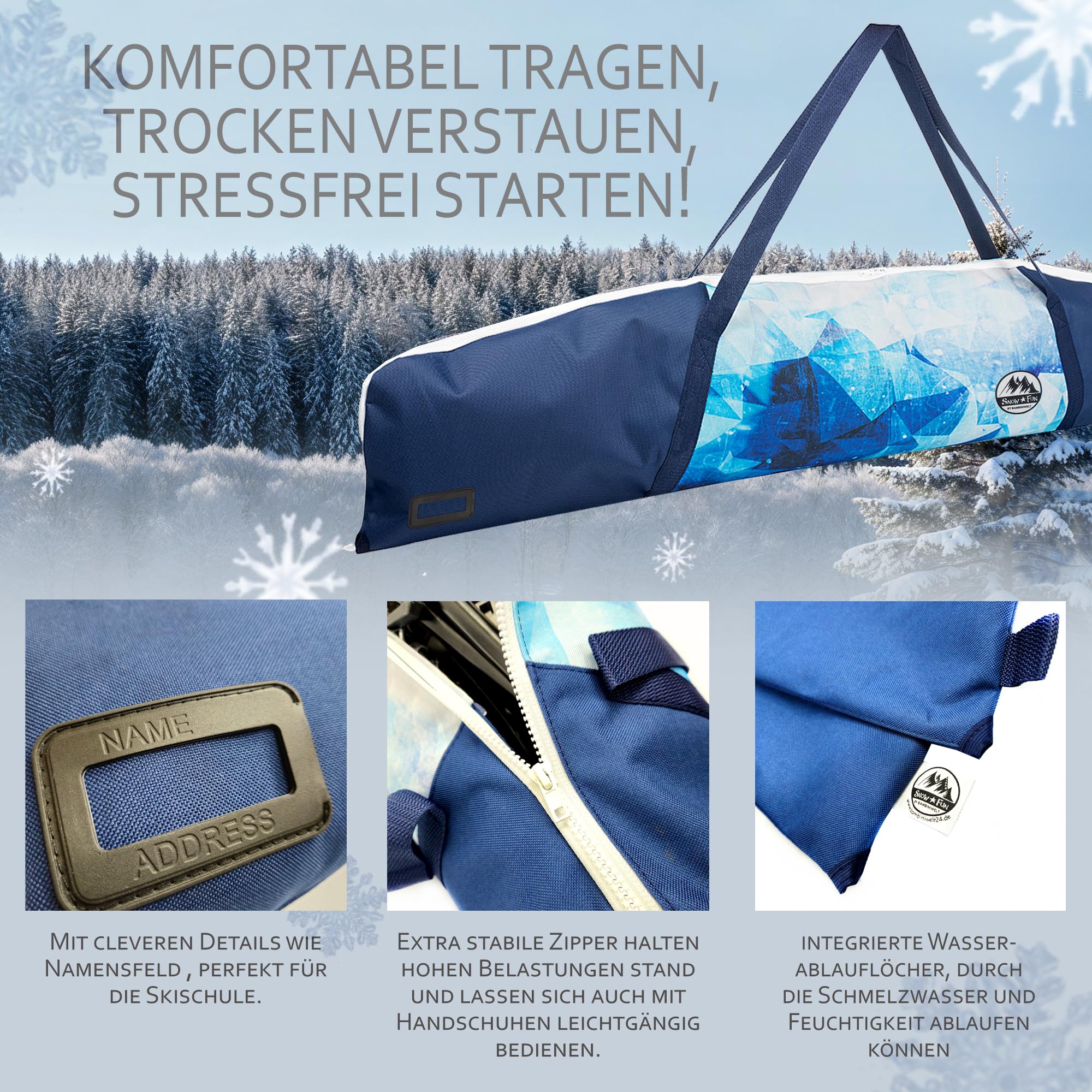 BAMBINIWELT Skitasche Kinder – Robuster Skisack aus wasserdichtem Cordura für Ski, Stöcke & Handschuhe, mit 2-Wege-Reißverschluss, Namensfeld & Tragegriffen