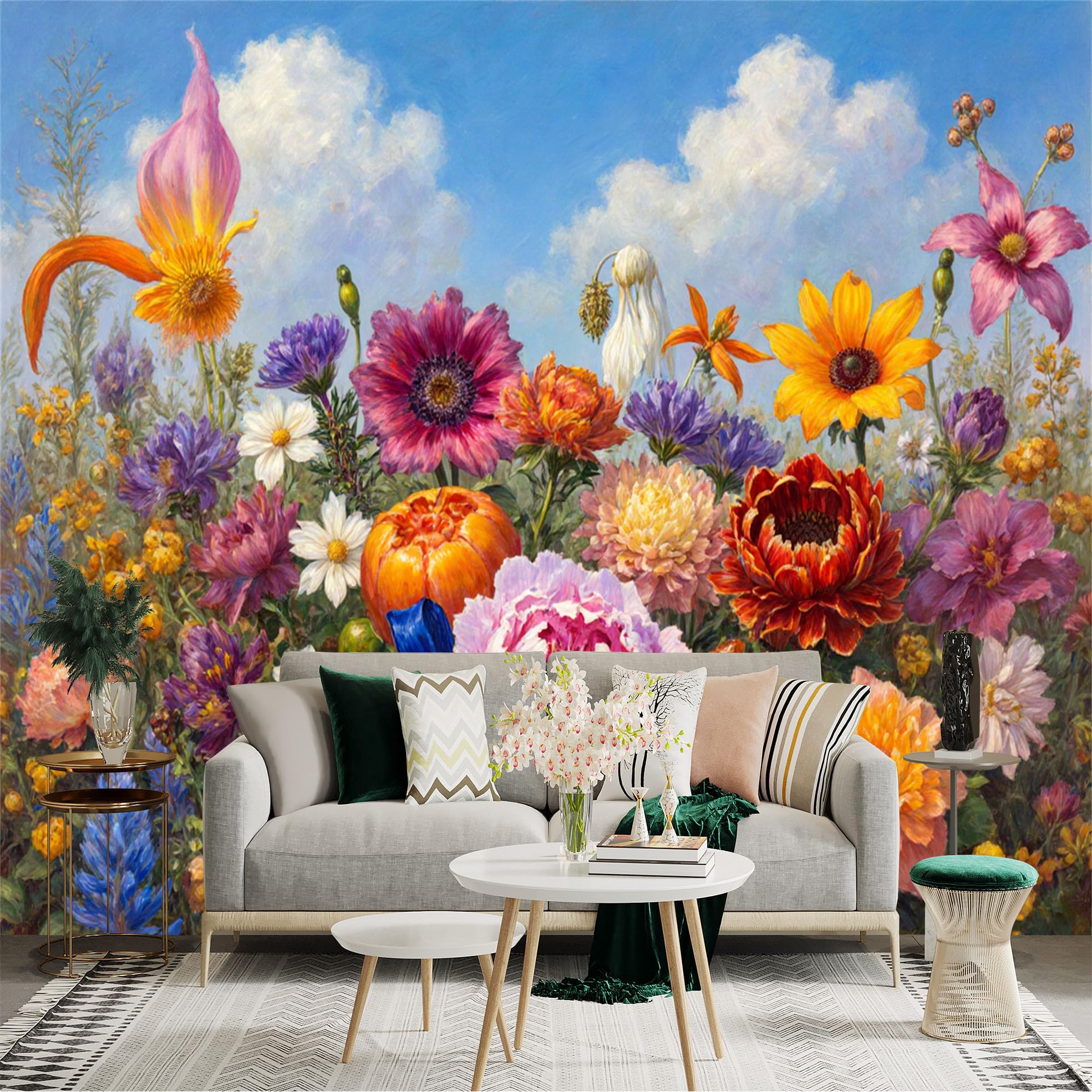Custom Size Wall Sticker Mural， Vibrant Summer Wildflowers， Blooming Garden Blossoms， Colorful Floral Art， Blue Sky and Fluffy Clouds， for wall Decoration， peelandstick wall Decals.