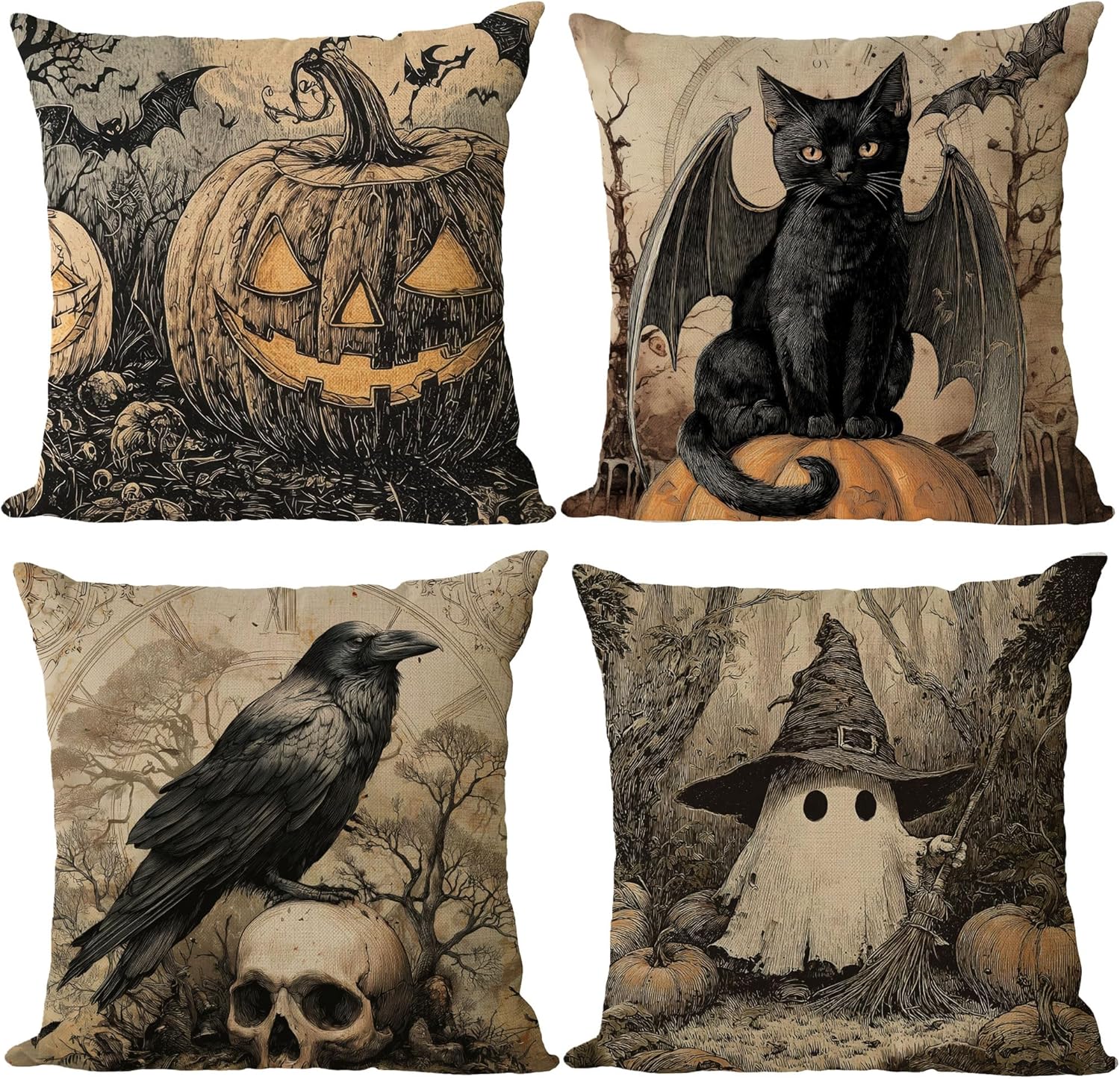 YeeJu Set of 4 Halloween Pillow Covers 24x24 Inch Spooky Skull Ghost Decor Throw Pillow Covers Black Cat Crow Halloween Cushion Covers Linen Pillow Cases for Home Outdoor Sofa Couch (24 by 24)