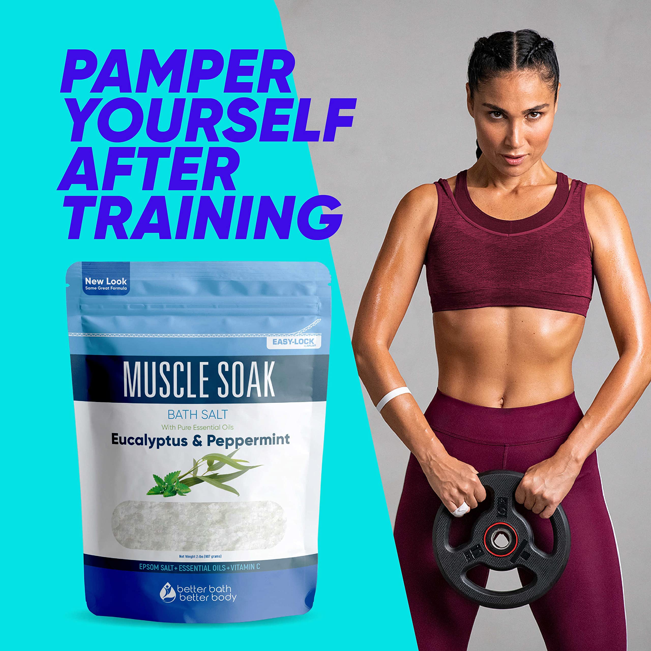 Muscle Soak Bath Salt 32 Ounces Epsom Salt with Natural Peppermint and Eucalyptus Essential Oils Plus Vitamin C in BPA Free Pouch with Easy Press-Lock ...
