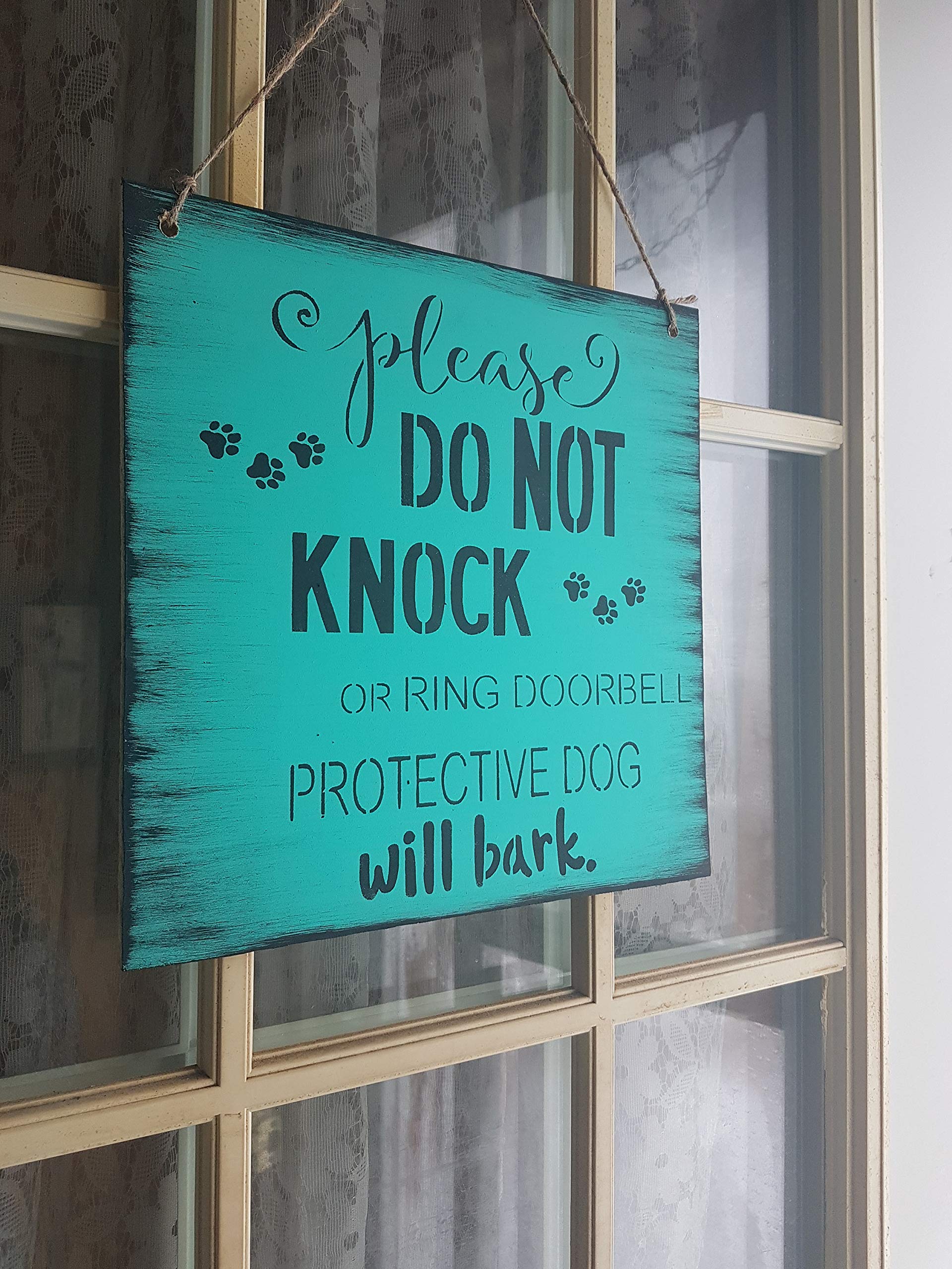 Fprqlyze Shh Please do not Knock Protective Dog Sign no Soliciting Sign Beware of Dog Owner Turquoise Aqua Distressed Rustic Dog Will bark