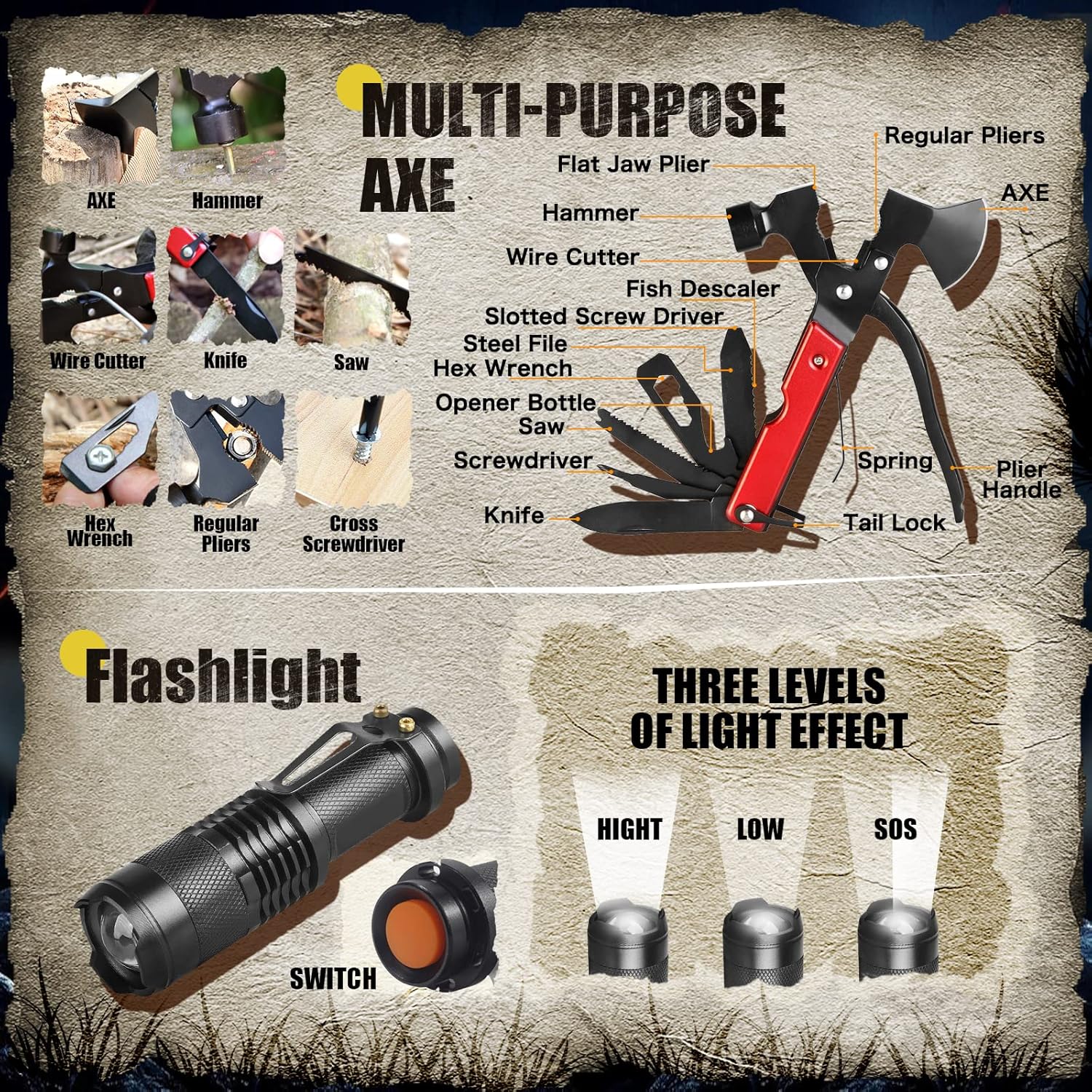 Christmas for Gifts Mens Husband Dad Son Kids,Survival Kit Outdoor Emergency Tactical Equipment, Equipped Multitool Hatchet Camping Shovel and First Aid Kit Hiking Hunting Accessories Essentials… : Sports & Outdoors