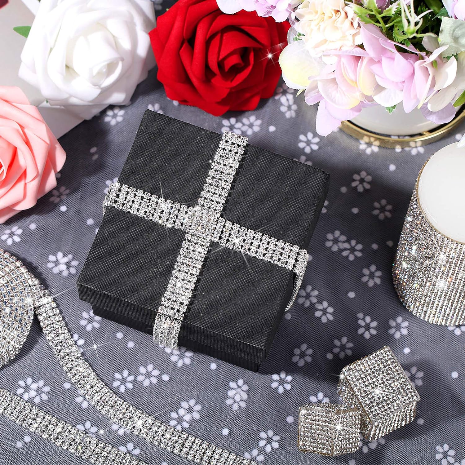 4 Rows Crystal Rhinestone Close Chain with 3 mm Rhinestones Trim Sewing Crafts DIY Jewelry Crystal Chain for Wedding Home Party Crafts Making Decorations (White,6 Yards)