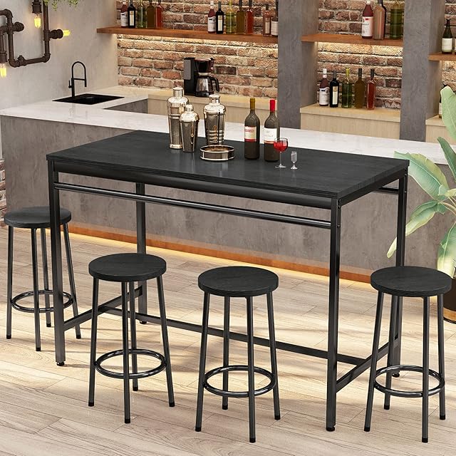 HOOSENG Breakfast Bar Table and Stools Set Modern Counter Height Pub Table with 4 Chairs Bar Table Set 5 Pieces Dining Table Set Home Kitchen Breakfast Table, Black, 47"/120cm