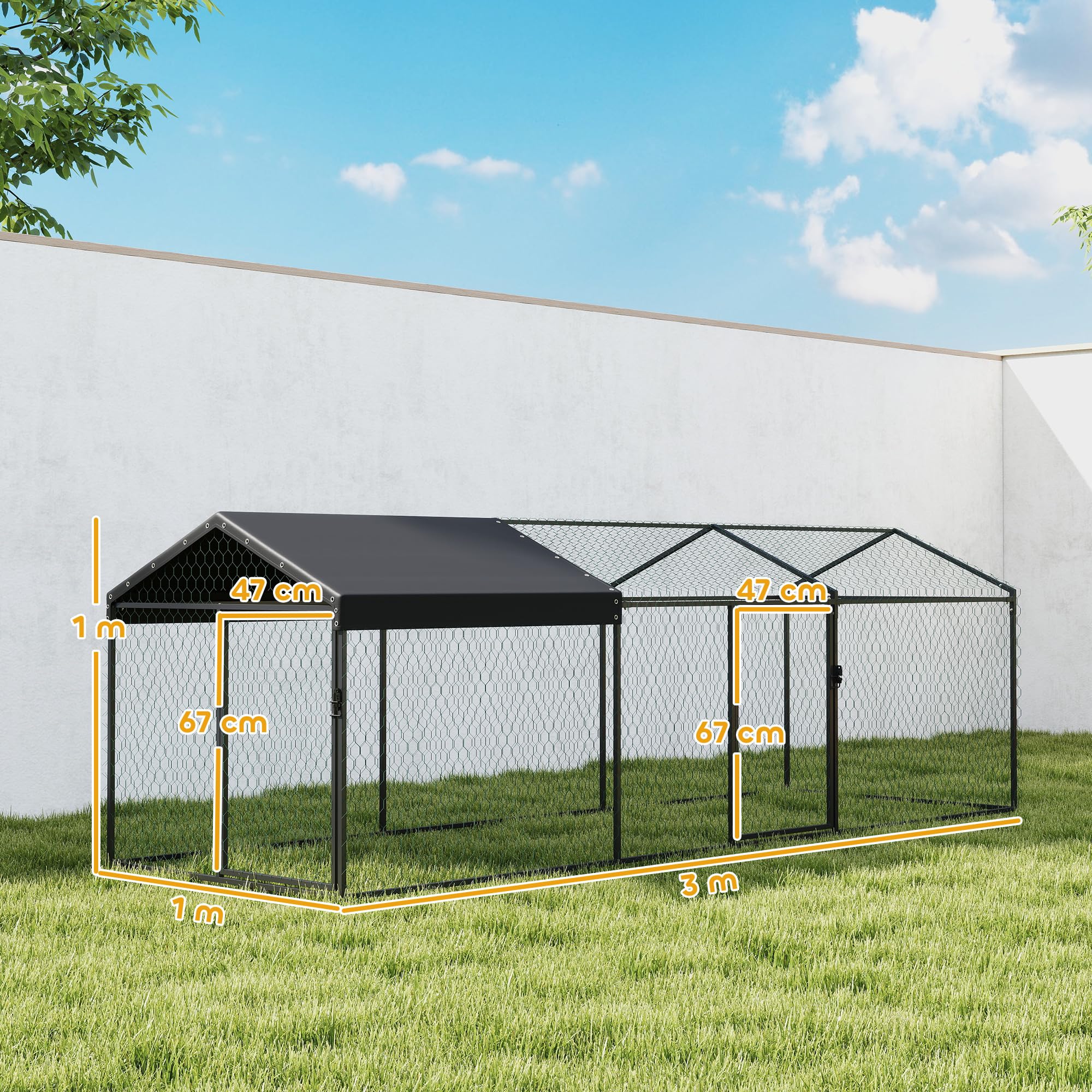 PawHut Gallinero Exterior Grande 3x1x1 m Metálico Cubierta Tela Oxford Anti-UV Impermeable 2 Puertas Cerradura Jaula 3-5 Gallinas Negro