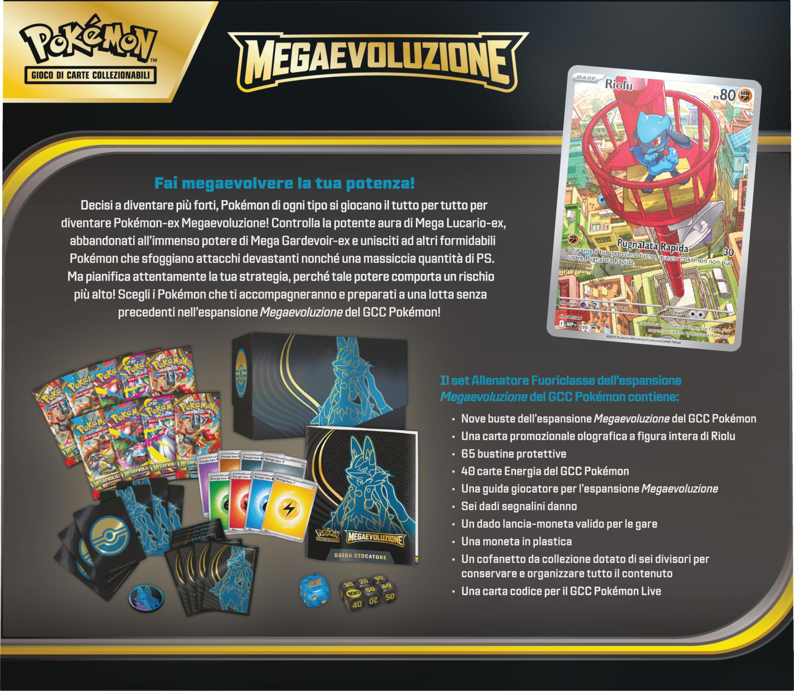 Pokémon: set Allenatore Fuoriclasse (Lucario) dell’espansione Megaevoluzione del GCC Pokémon (una carta promozionale a figura intera, nove buste di espansione e accessori premium)