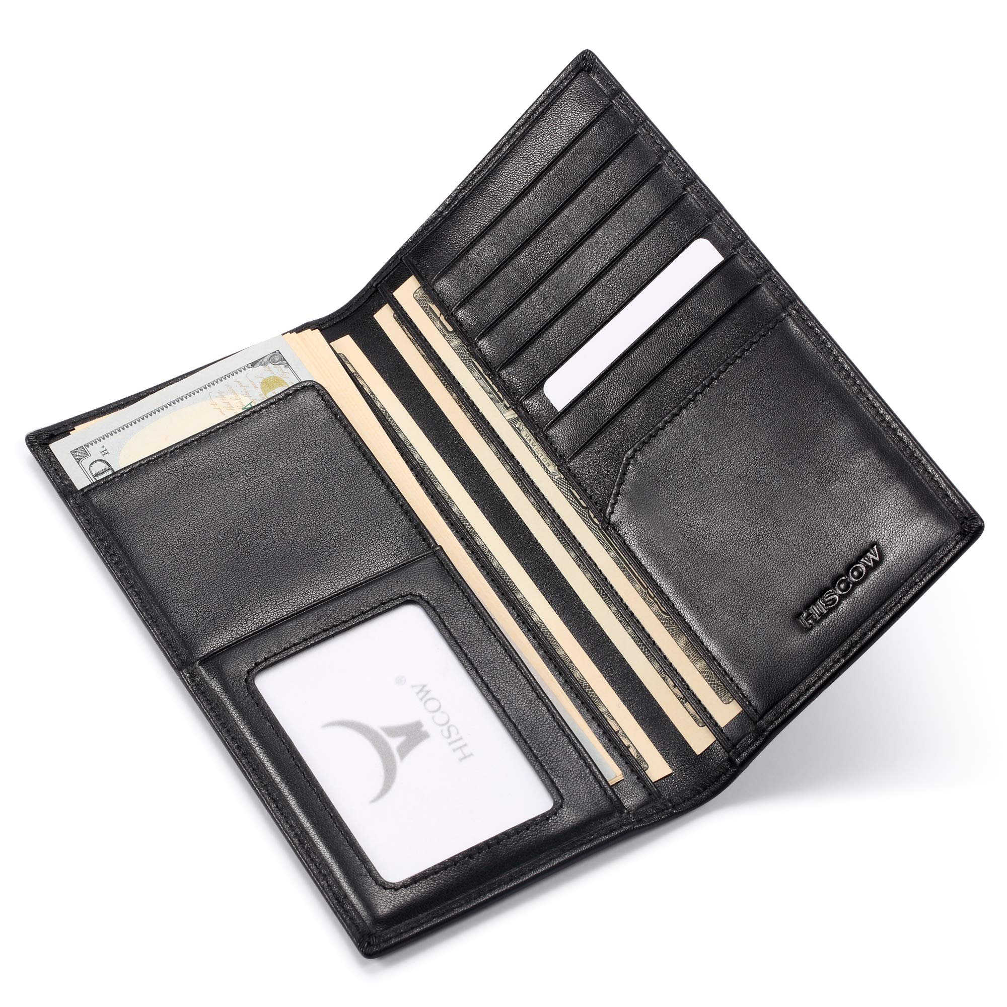 HISCOW Portafoglio lungo in pelle sottile per uomo e donna, pelle di vitello italiana, tasca sul petto per libretto degli assegni, carte di credito, Nero, L, Portafoglio bifold