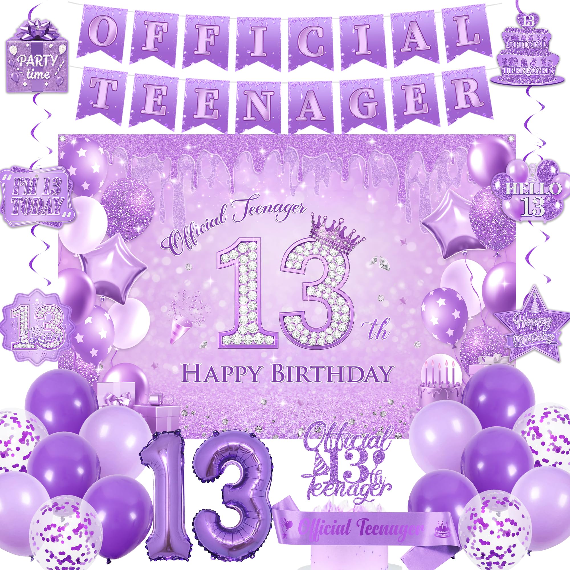 Official Teenager 13th Birthday Decorations - Purple Happy 13th Birthday Backdrop Banner Balloons, Cake Topper Sash and Hanging Swirls for Girls 13 Year Old Party