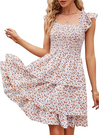YATHON Smocked Ruffle Short Mini Dress for Women Square Neck Flowy Sleeveless Tiered Party Wedding Guest Dresses