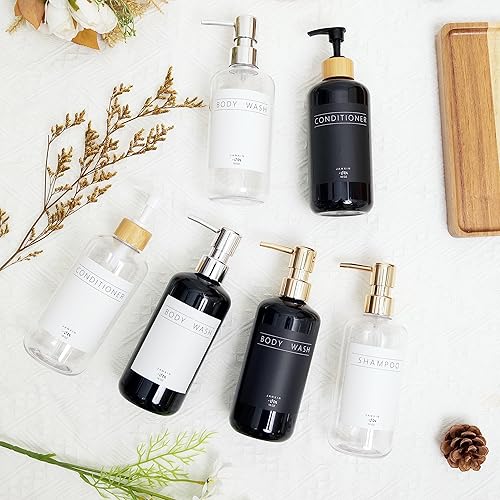 Miniatura 7 de Juego de 3 dispensadores de champú y acondicionador, moderno y recargable de 16 onzas, botellas de champú y acondicionador con bomba, elegante
