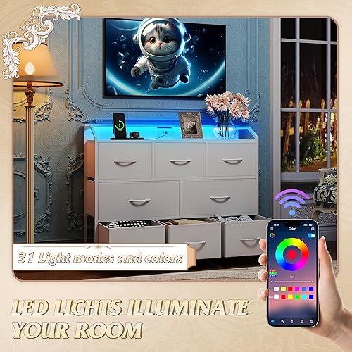 Miniatura 5 de WLIVE Cómoda LED para dormitorio, soporte de TV blanco para dormitorio con luces LED y toma de corriente, cómoda ancha para pasillo, 8 cajones de