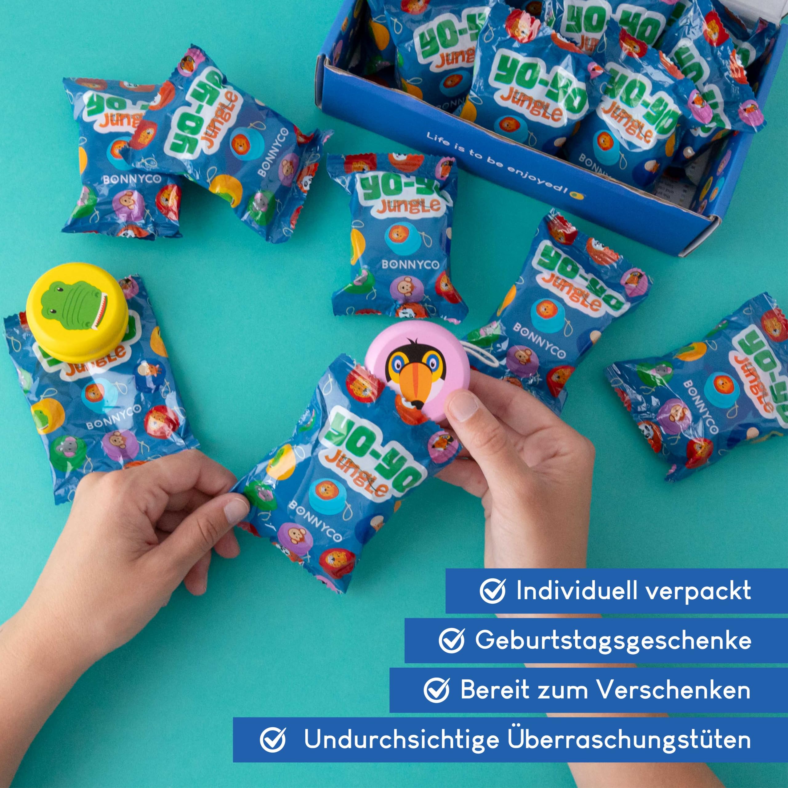 BONNYCO JoJo Kinder Mitgebsel Kindergeburtstag Gastgeschenke Tiere 16 Stück. JoJo Holz, Kleine Geschenke für Kinder. Give Aways Kindergeburtstag, Mitgebsel Set. Pinata Füllung, Yoyo Mitbringsel