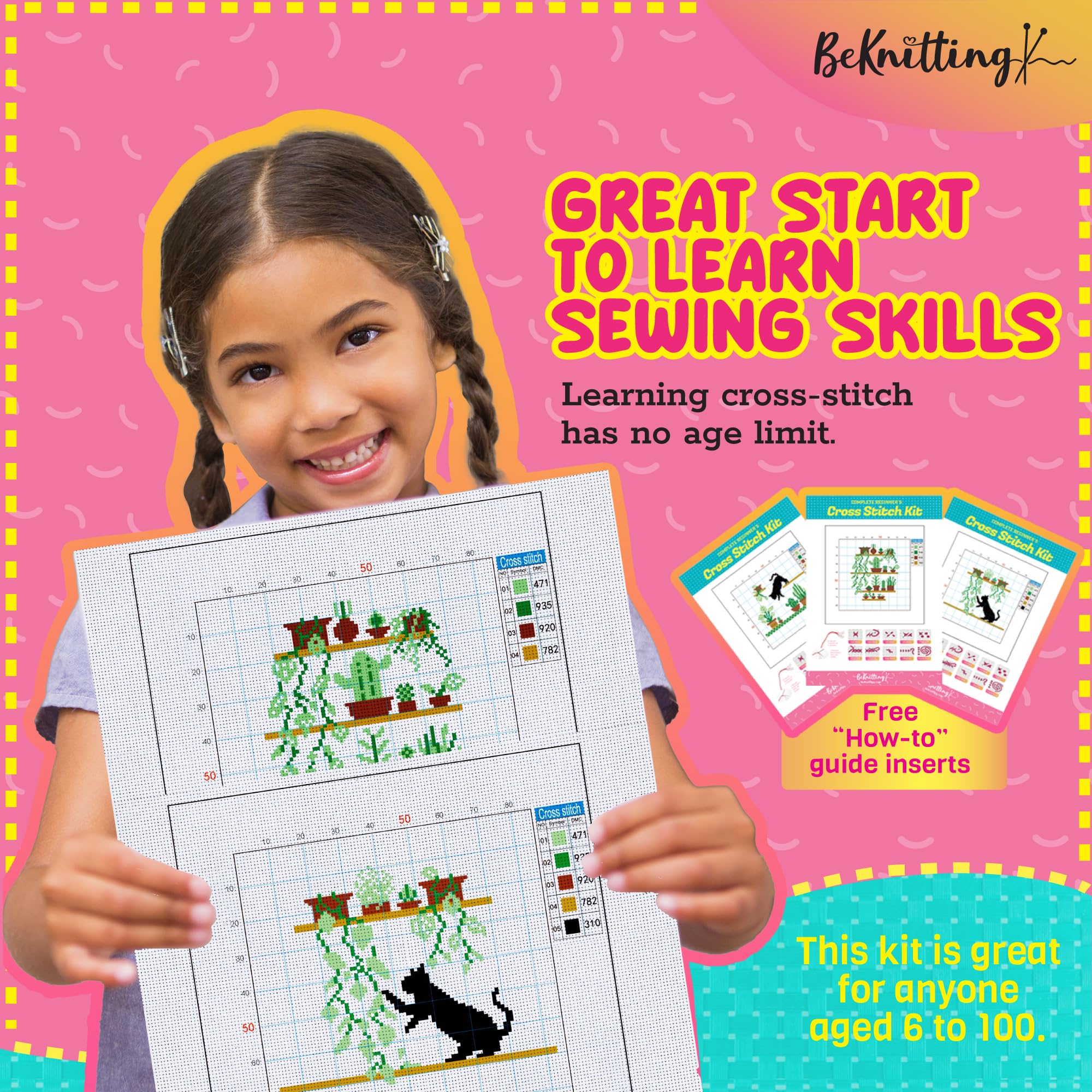 BeKnitting Kit de punto de cruz para principiantes, adultos y niños, patrones de punto de cruz, aro de bordado, hilo dental y agujas