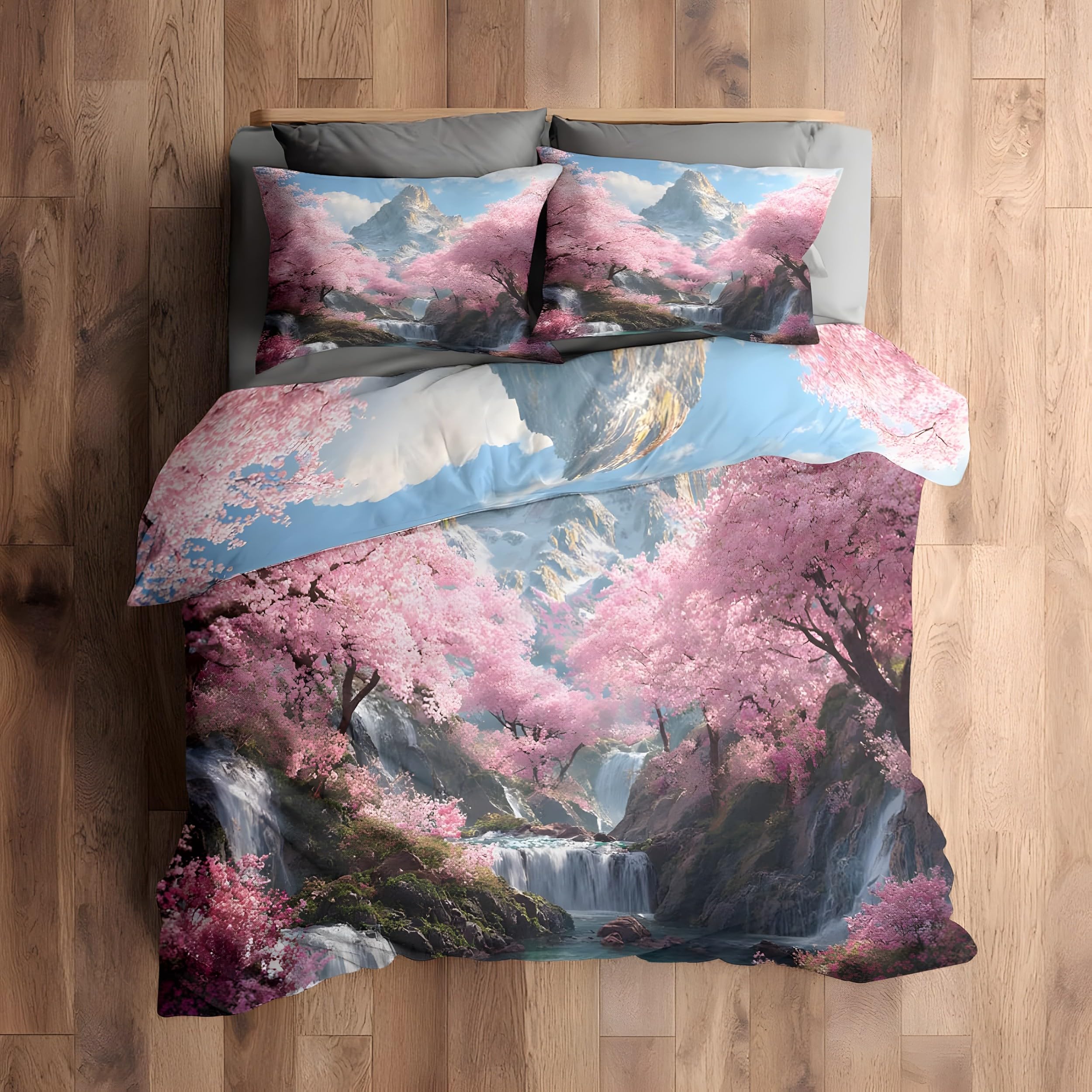 YZQGLHP Pink Cherry Blossoms Double Duvet Cover Waterfall Bedding Double Bed Set with Zipper Lightweight Microfibre Quilt Cover with 2 Pillowcases 50x75cm