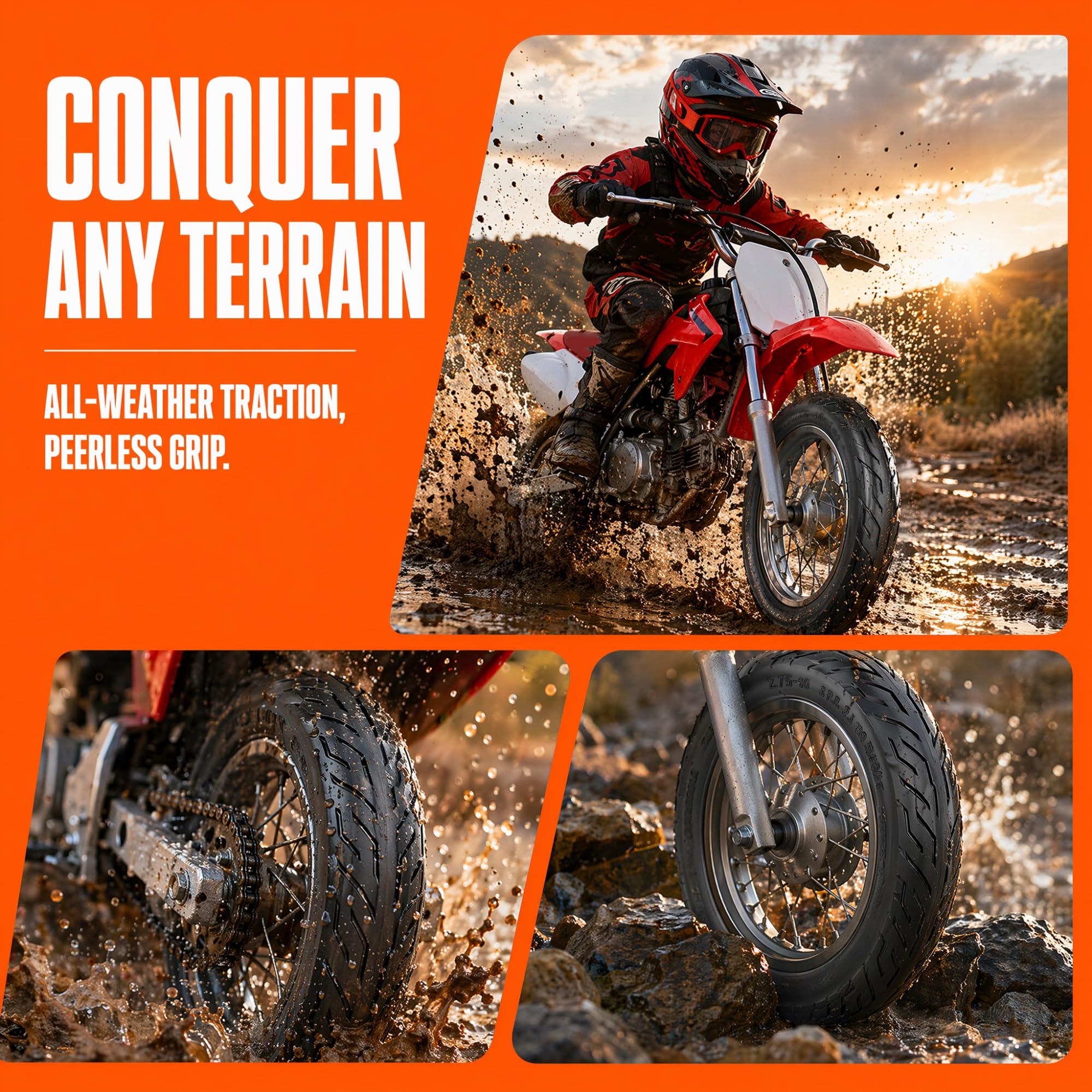 2.75-10 Pneumatico Tubeless, Copertone Anteriore Posteriore per Dirt Bike Mini Moto, Battistrada Stradale Scanalato Tutto Tempo, 37J 4PR Carico Max 128kg (282Lbs)