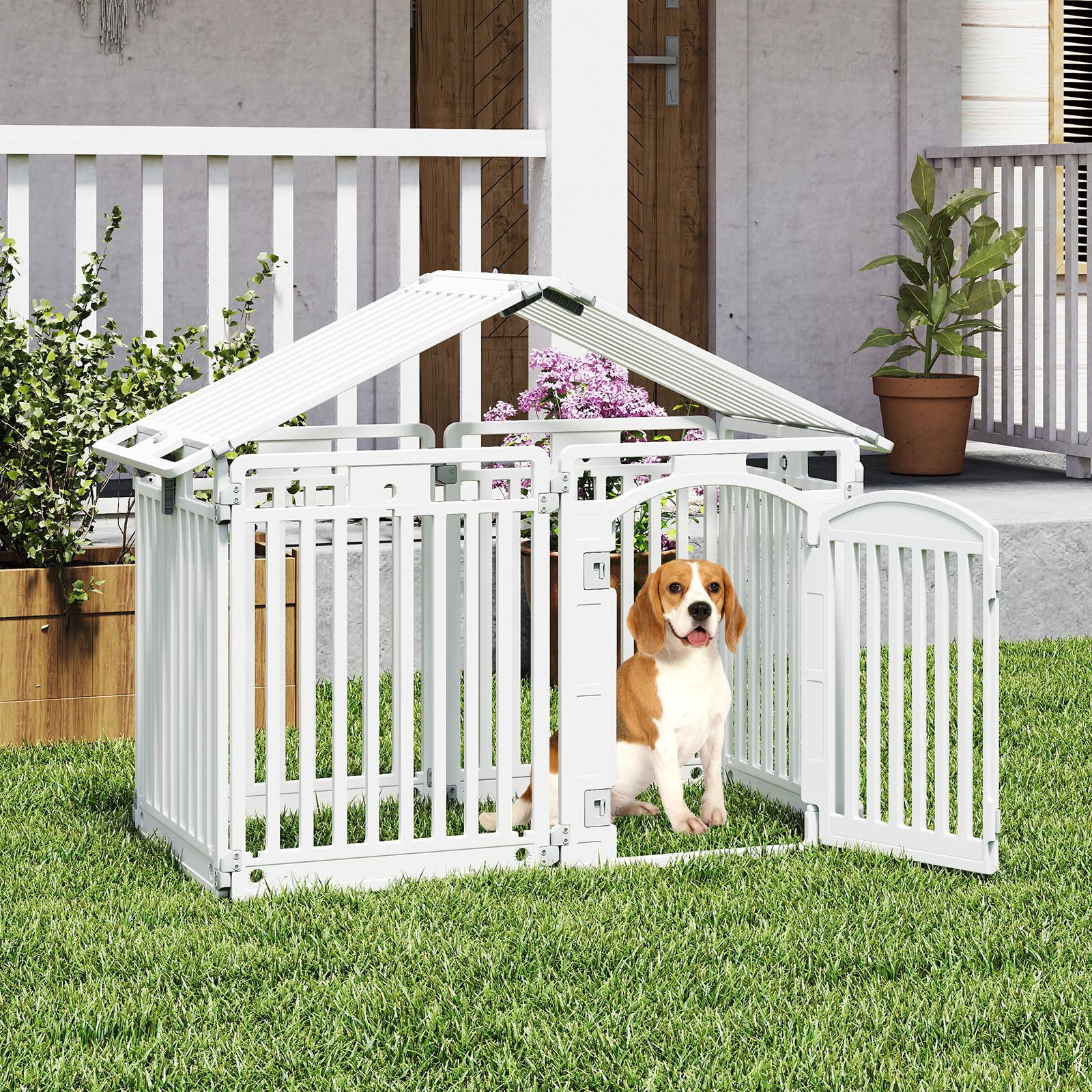 COSTWAY Pannello in Plastica per Cani a 8 Pannelli, Recinzione Portatile per Animali Domestici, Cancello Pieghevole con Porta di Sicurezza con Serratura per Cani, Recinto Pieghevole, 192 x 65 x 80 cm