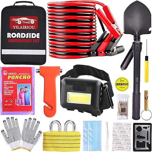 Vista 7 de Car Roadside Emergency Kit, with Jumper Cables Automotive Kit,Car Safety Roadside Assistance Kit Headlamp,Tow Straps, Safety Hammers, Rainwear