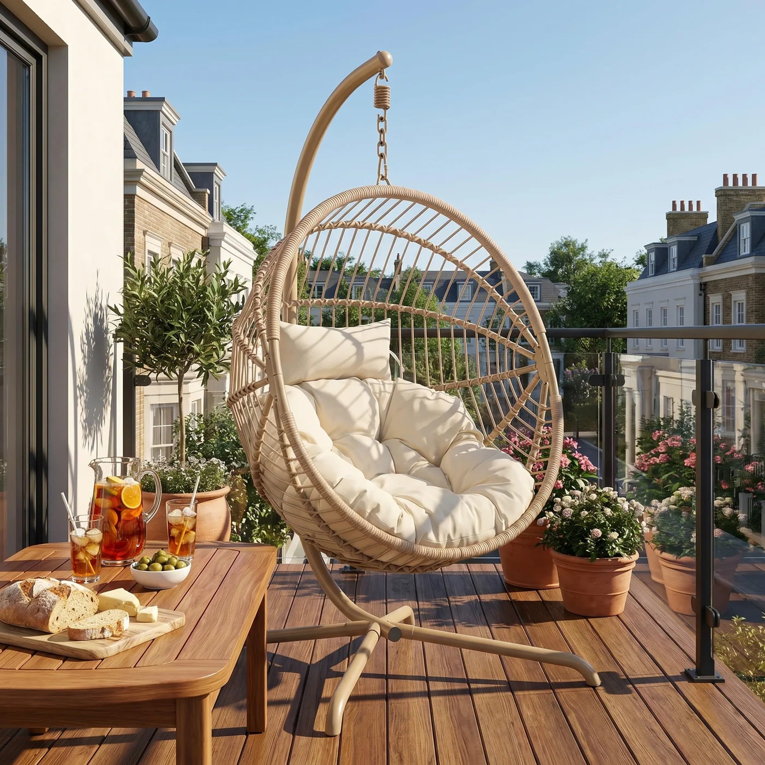 Blisswood Rattan Swing Egg Chair Garden Patio Indoor Outdoor Hanging Egg Chair With Cushion & Stand Indoor & Outdoor Egg Chair Upto 150kg Weight Capacity (Beige) — image 1