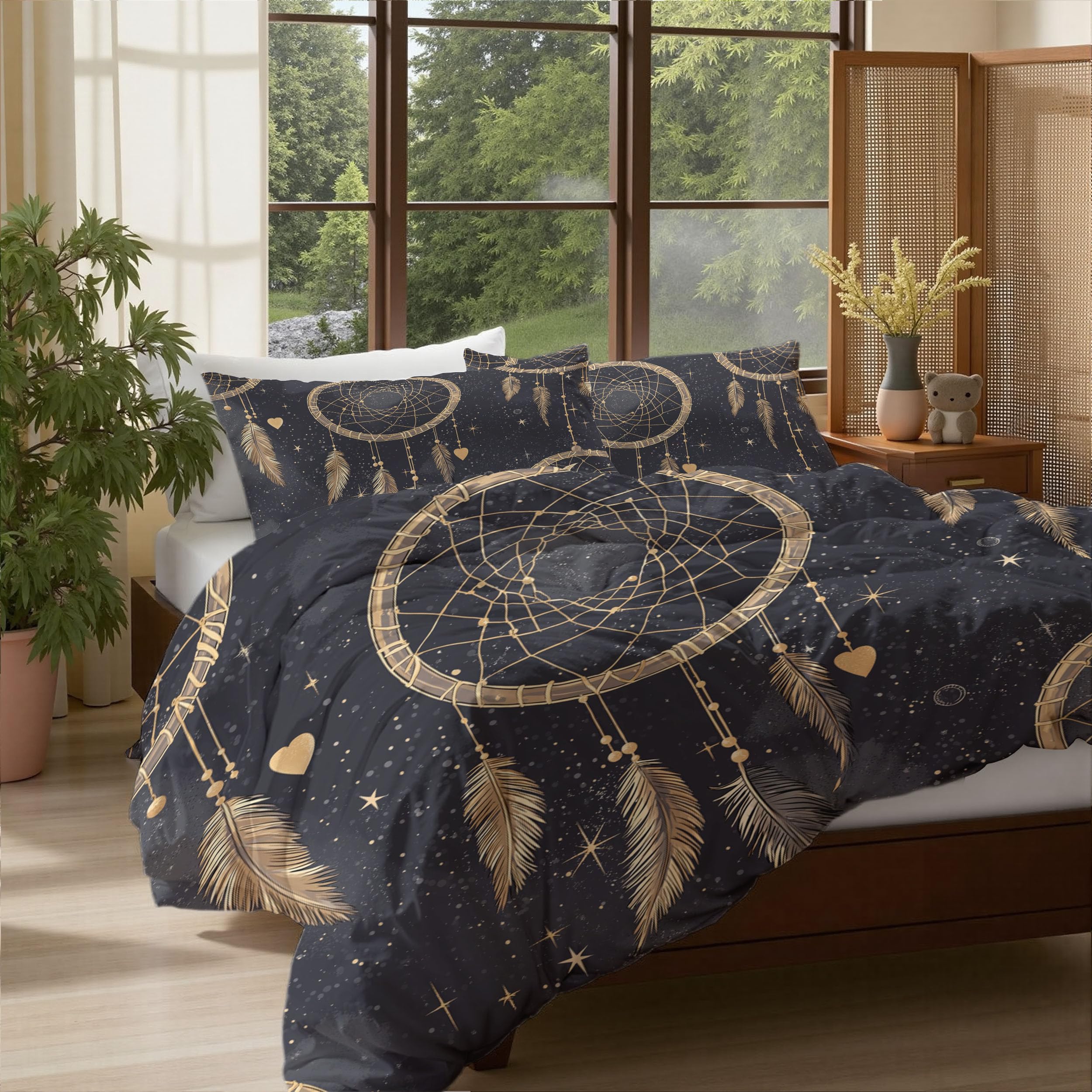 Wendebettwäsche 240X220 Anthrazitgrau Eleganter Traumfänger Sternenhimmel Schlafzimmer Bettwäsche 3Tlg, Bohemian Feathers Bettbezug Und 2 Kissenbezug, Weiche Mikrofaser Deckenbezug Mit Reißverschluss