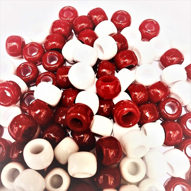 100 x Pony Beads 9mm x 6mm RED WHITE Bracelets Braiding Loom Bands Dummy Clips Hair Colour Acrylic Plastic Barrel Round Jewellery Findings