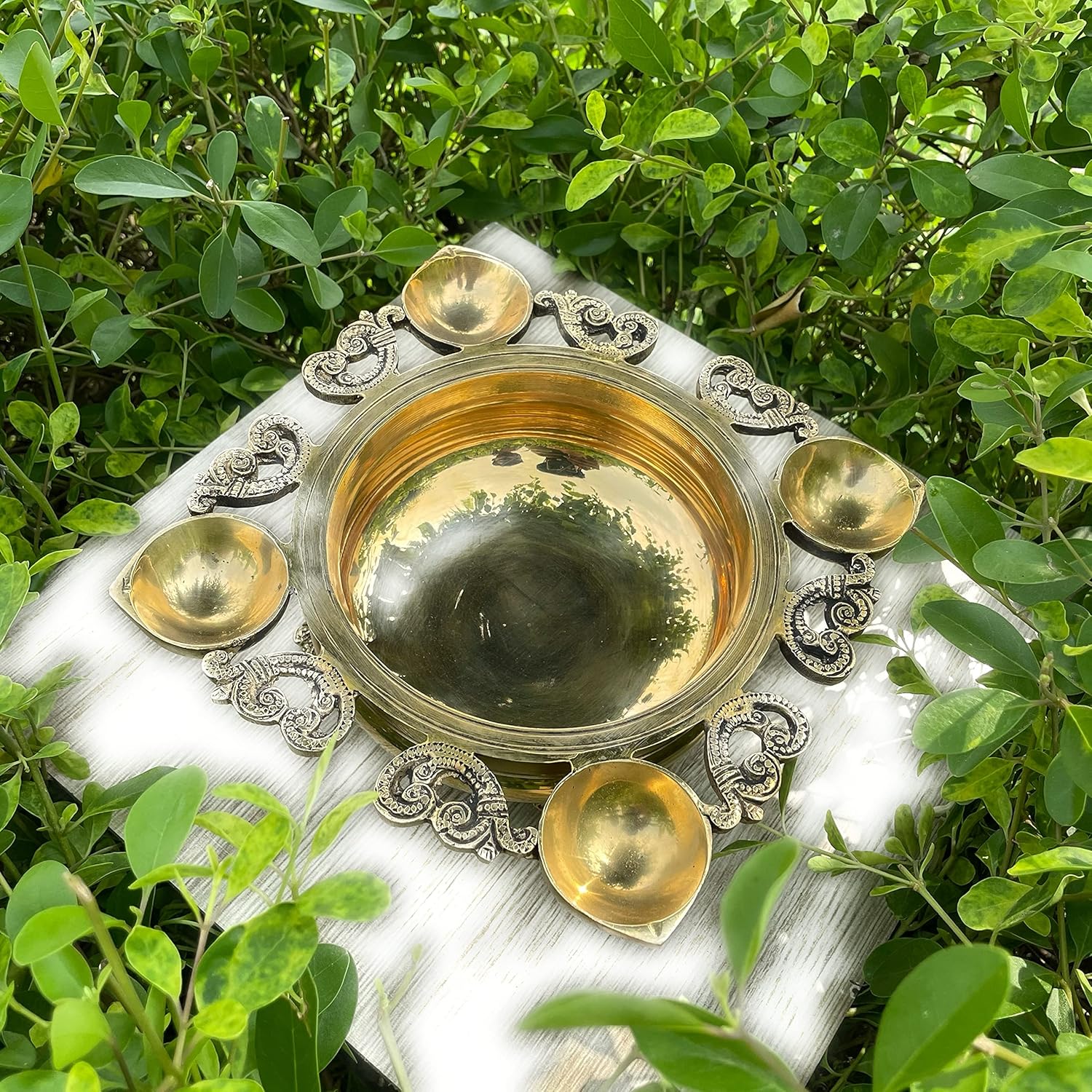 Aakrati Decorative Designer Brass Urli with Diya and Bell Decorative Showpiece f…