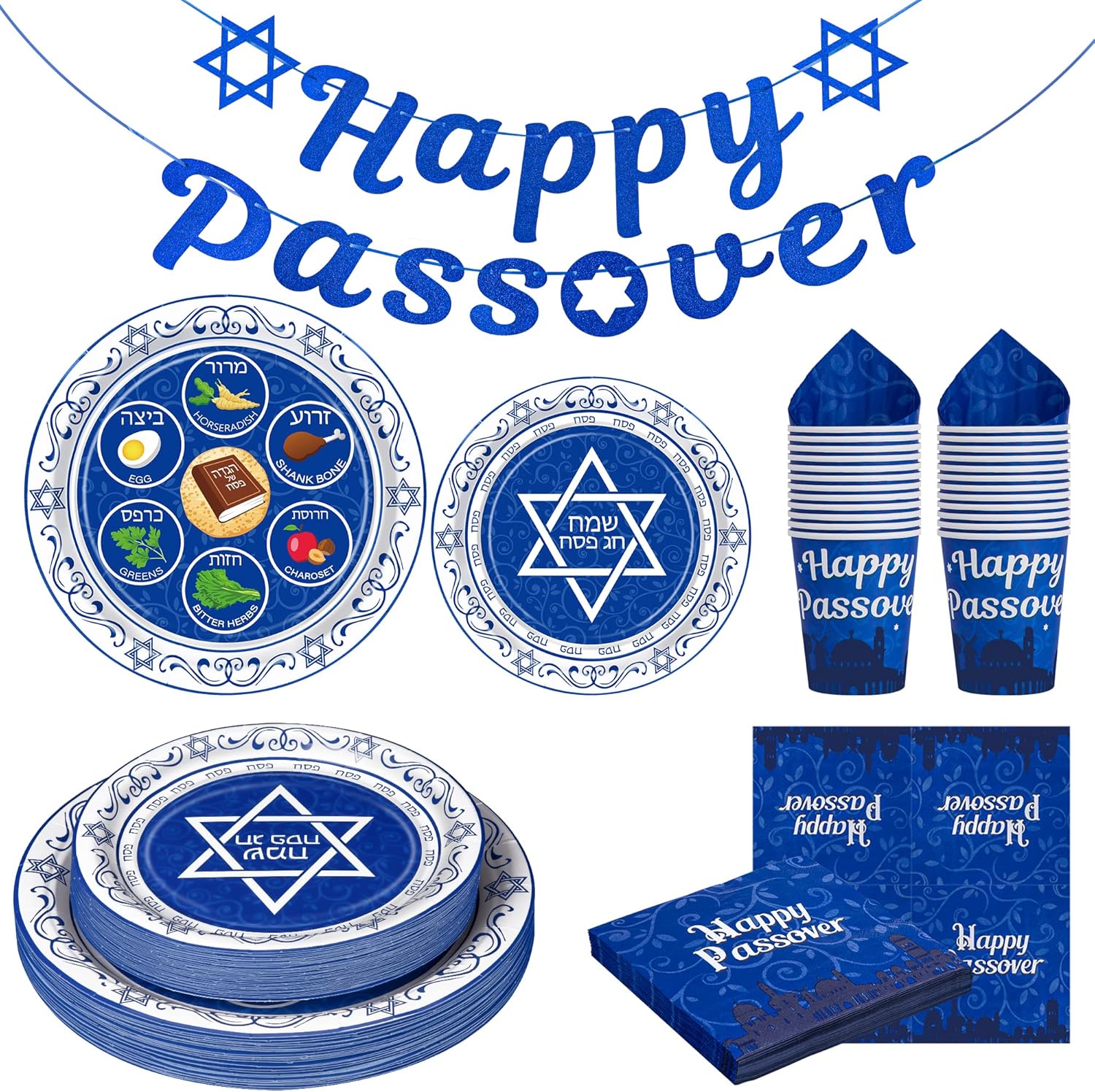 Passover Decorations, 135 PCS Passover Seder Plates Plus HAPPY PASSOVER Banner, Disposable Seder