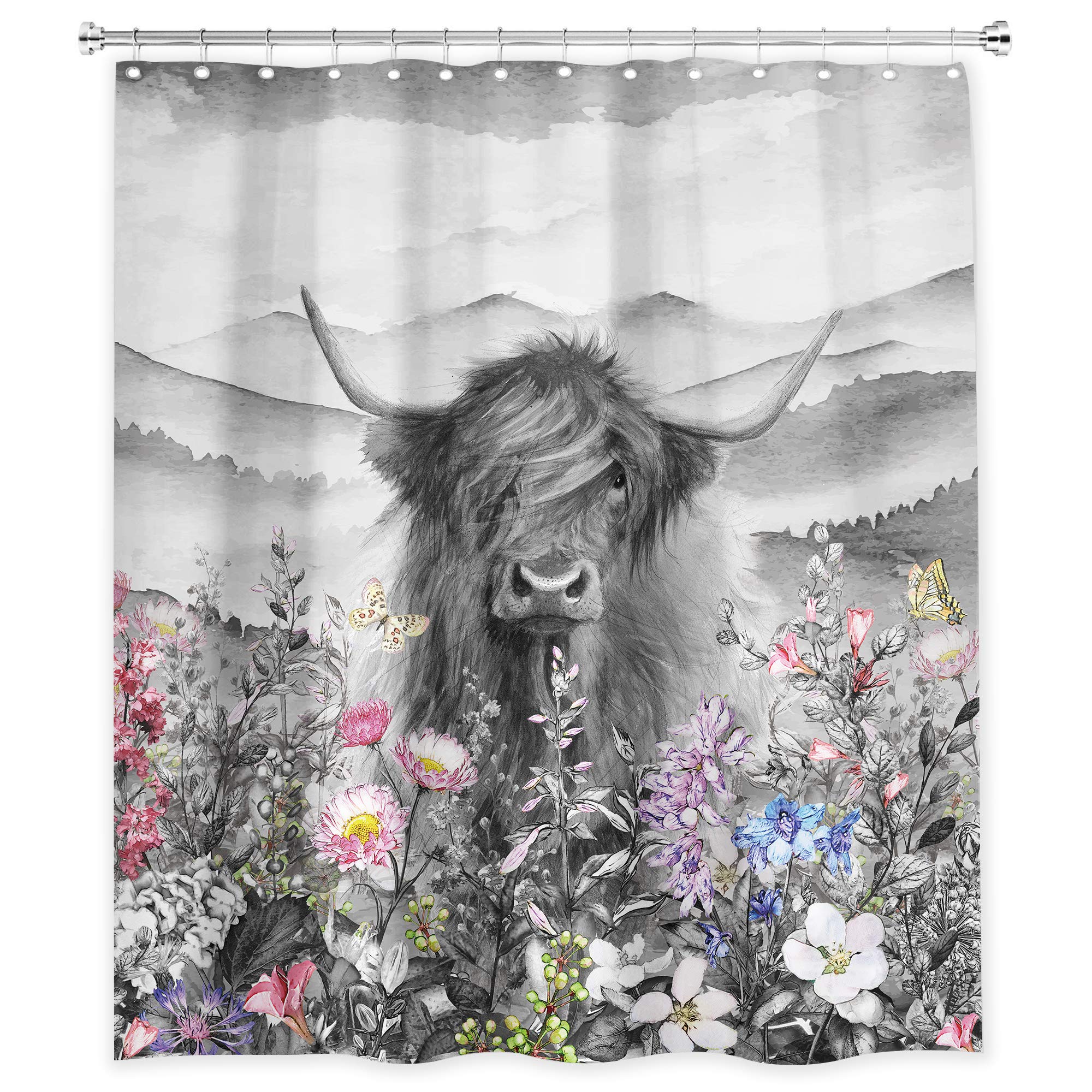 Farmhouse Highland Cow Shower Curtain, Funny Western Wildlife Grey Floral Bathroom Shower Curtains, Country Longhorn Cattle Bull Cute 12 Pack Hooks Waterproof Fabric Panels 60Wx72L Inch