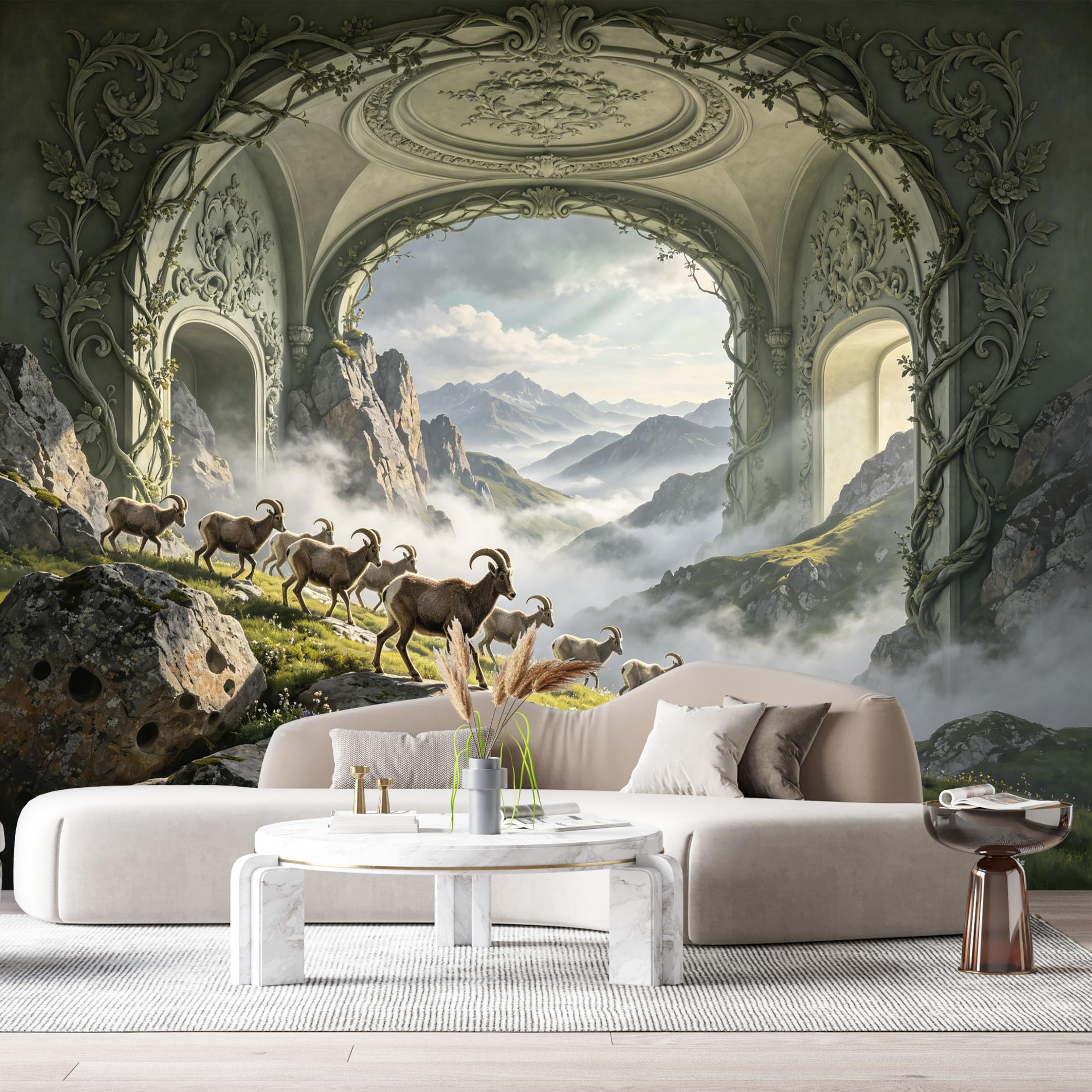 Custom Size Wall Murals Mountain Goat Alpine Landscape Neoclassical Arch 3D Trompe L'Oeil SelfAdhesiveWall Fabric Removable Wallpaper Wall Decor for Living Room Bedroom Bathroom