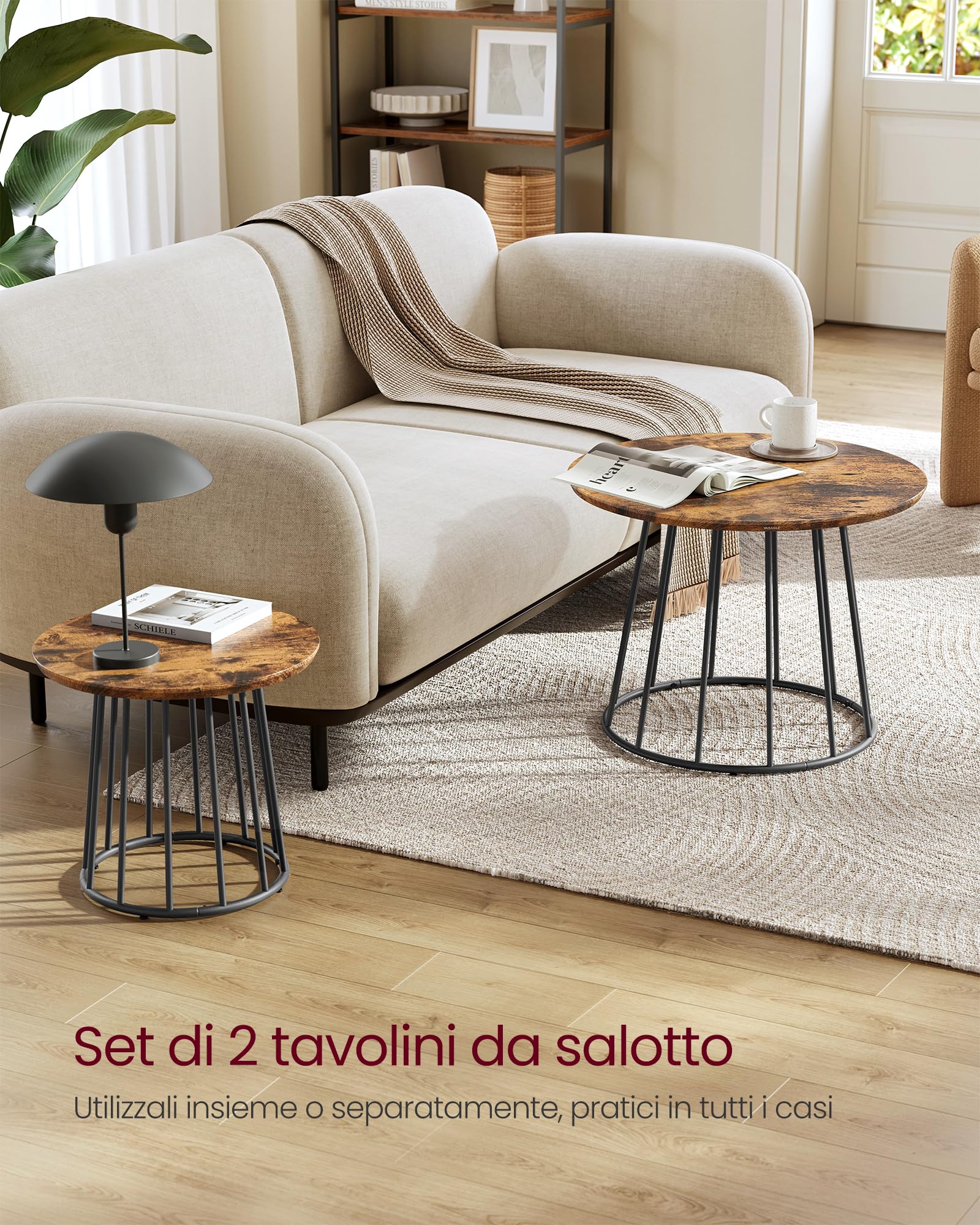 VASAGLE Tavolino da Salotto Rotondo, Set di 2 Tavolini da Caffè, Moderno, Struttura in Acciaio, Adatto per Soggiorno Camera da Letto, Marrone Vintage LCT045K01