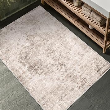 Beige Brown 2x3 Washable Non Slip Bathroom Rug for Entryway Indoor, Low Pile Small Rug for Powder Room & Kitchen Floor, Waterproof Stain & Fade Resistant Modern Abstract Decor
