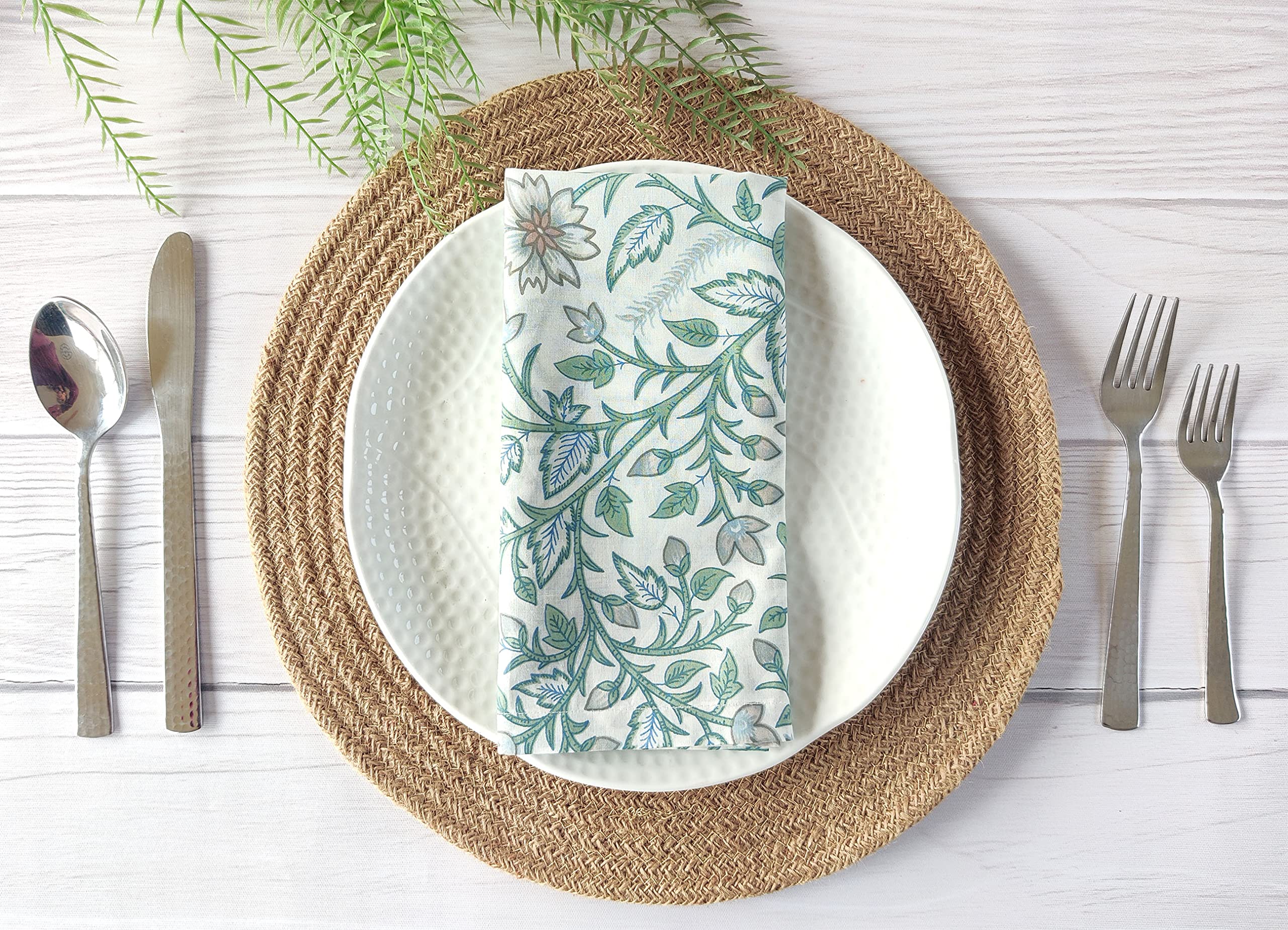 Craftbot Soft Cotton Printed Napkins 18x18 inches - Washable Thin Cloth Napkins Set of 6 - Everyday Use Party and Events - Sage Green Floral Pattern Indian Block Print Fabric, Sage Green and White