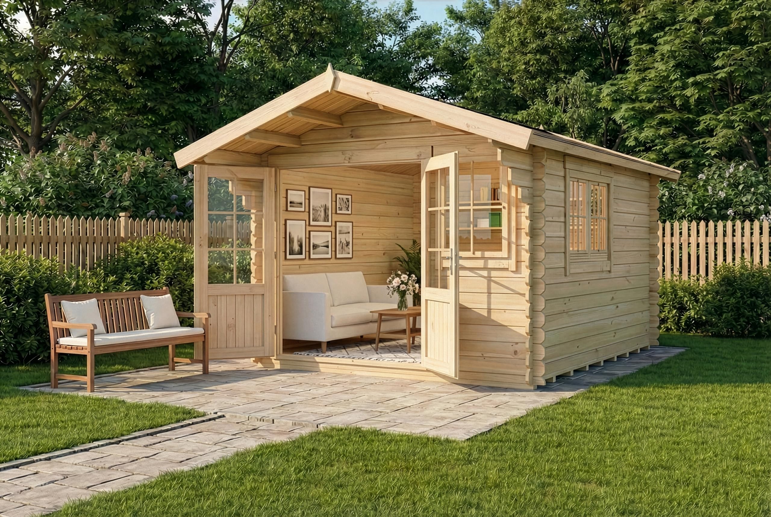 Alpholz Gartenhaus Gabriel-34 mit Fußboden aus Holz, Gerätehaus 300x400, 10,07 m², 34 mm Wandstärke, Holzhaus in Blockbohlen-Bauweise inkl. Fenster, Doppelfenster und Leimholztür Naturbelassen