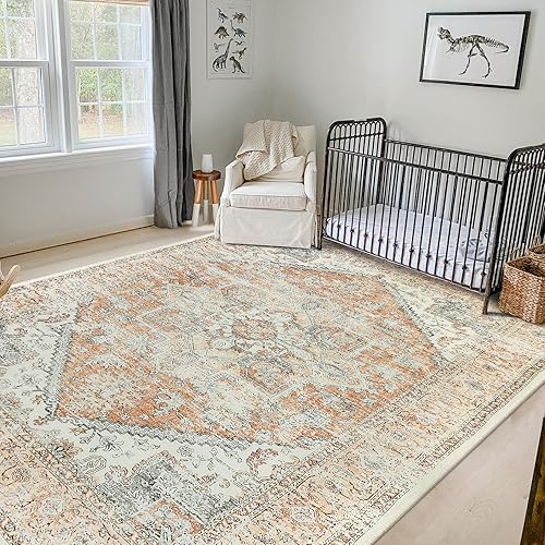 Miniatura 6 de Alfombra de área lavable de 8 x 10 pies, alfombra bohemia plegable retro para dormitorio, alfombra de pelo bajo y antideslizante para interiores,