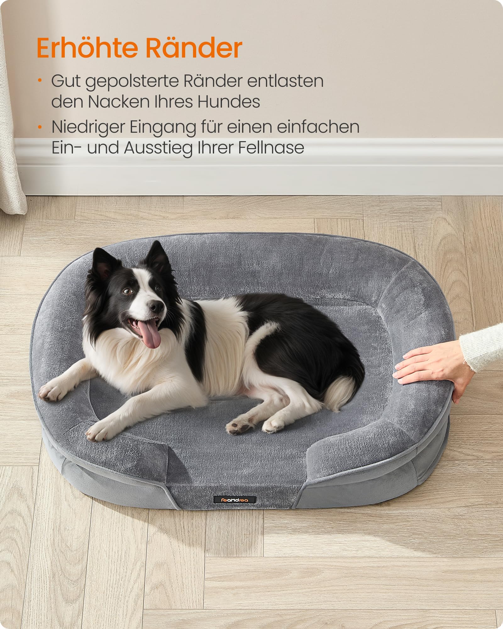 Feandrea Hundebett, orthopädisch, für mittelgroße Hunde, 91 x 68 x 18 cm | Hundekissen, wasserdichte Innenschicht, erhöhte Ränder, abnehmbarer, waschbarer Bezug, rutschfest, hellgrau PGW282G01