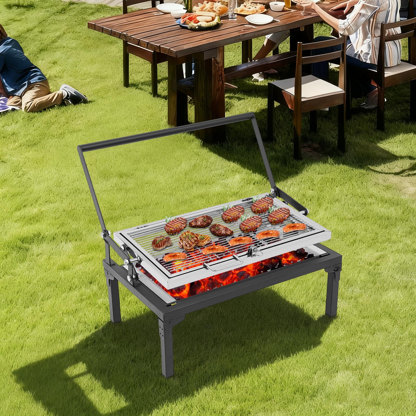 Barbecue a carbonella, pieghevole da campeggio, a carbonella, con spazzola e griglia a carbone, tipo di carburante, per cucinare all'aperto, barbecue (68 x 38 x 35 cm)