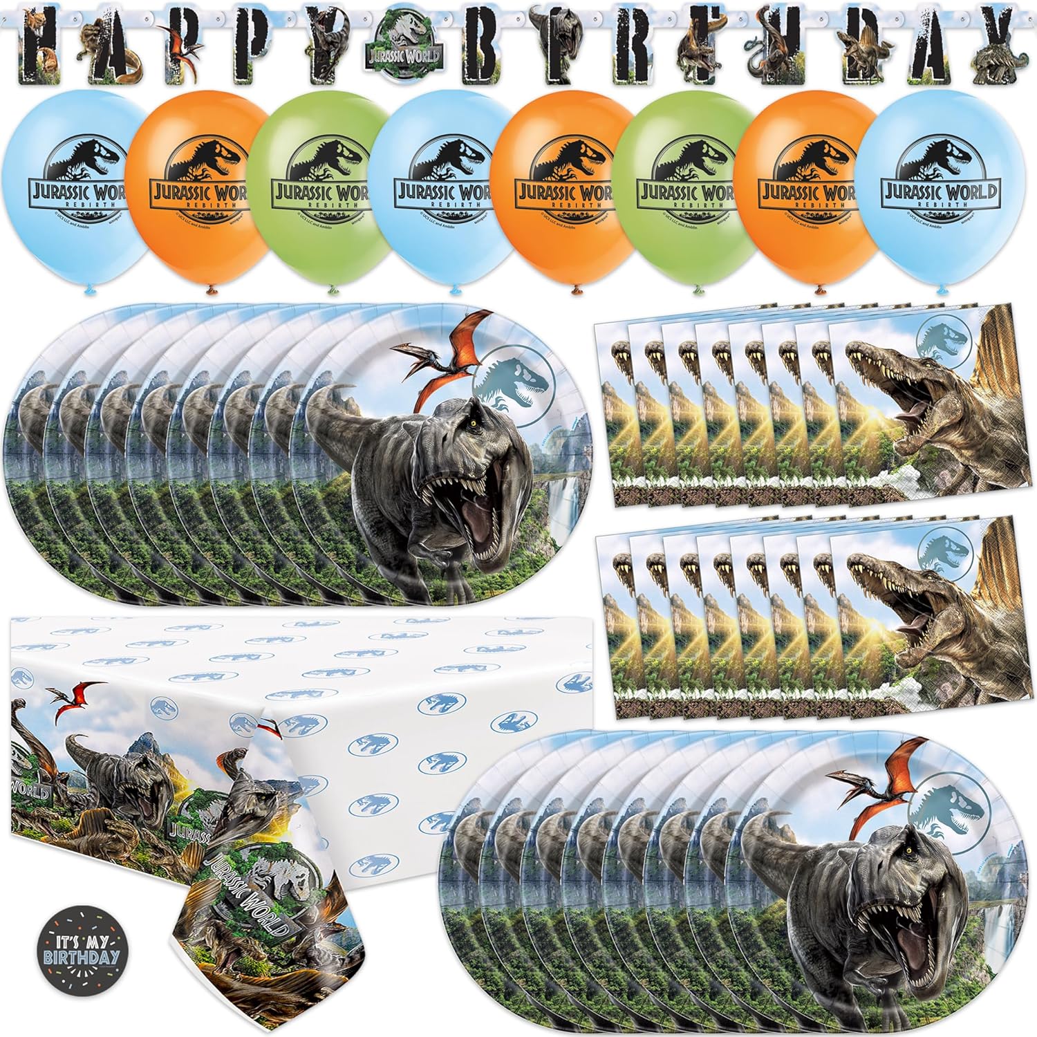 Jurassic Park Birthday Decorations for 16 | Balloons, Banner, Tablecloth, Plates, Napkins | Officially Licensed Jurassic World Party Decorations