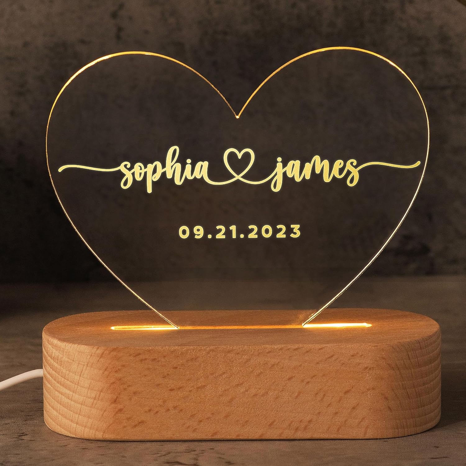 Personalized Couple Gifts: Romantic Night Light - I Heart-Shaped, 2 Designs Customized w/Name, Text and Date - D2