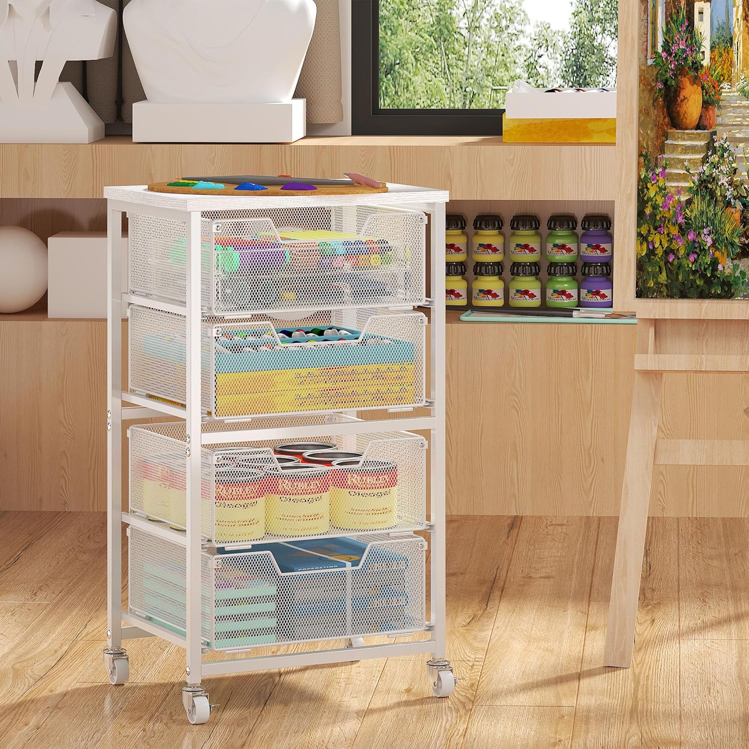 4-Drawer Rolling Storage Cart, Utility Cart with Drawers, White Metal Craft Cart Organizer with Wheels & Wooden Top, Art Supply Storage Organizer for Classroom, Office, Kitchen,Patent Pending