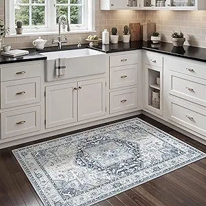 Madane Washable Area Rug 2x3, Small Entryway Rug Non-Slip Vintage Door Mat Indoor Entrance, Low Pile Floor Carpet for Inside Front Door Bedroom Kitchen Entry Laundry (2'x3', Navy/White)