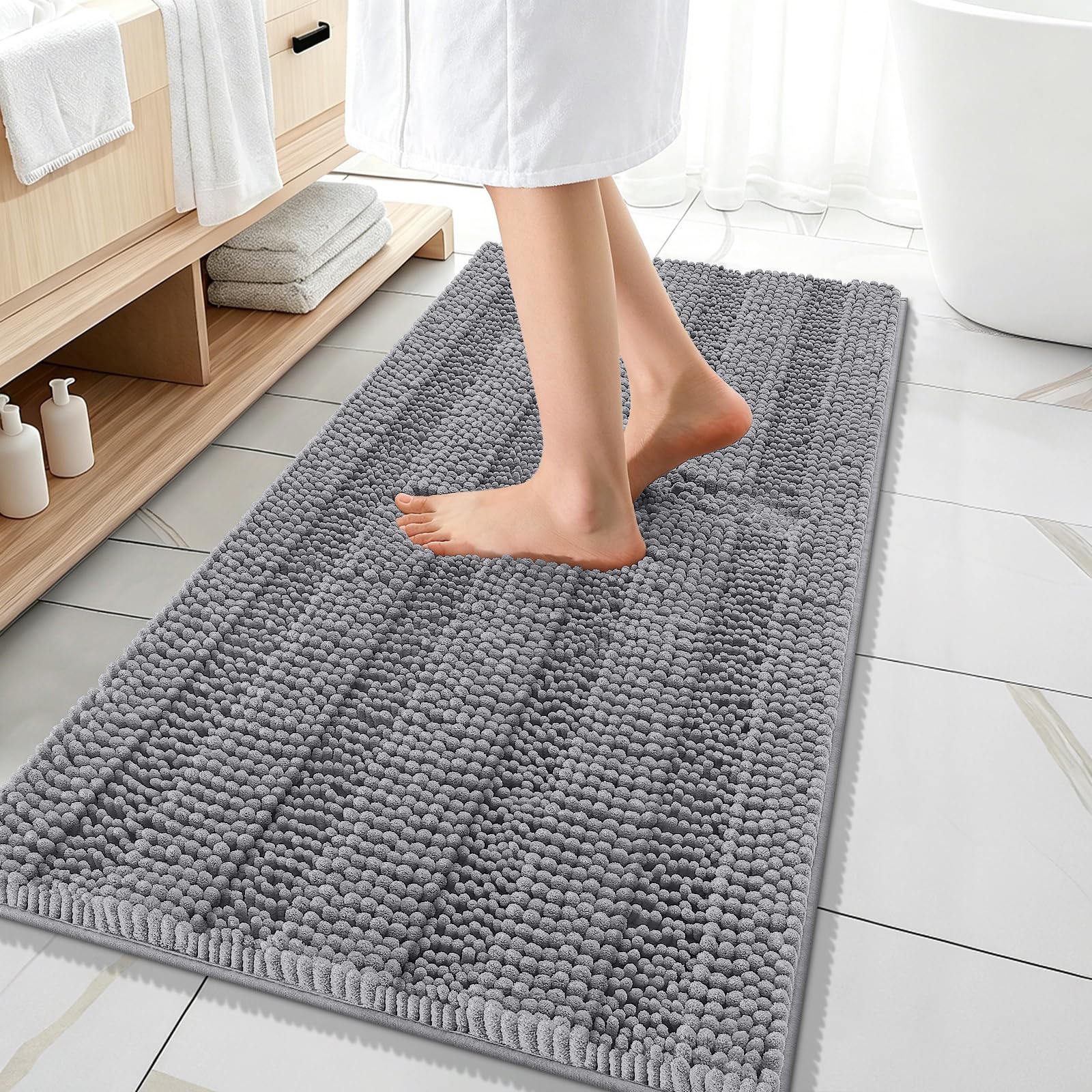 OLANLY Thick Bathroom Runner Rugs 47x20, Soft Chenille Long Bath Rugs, Grey