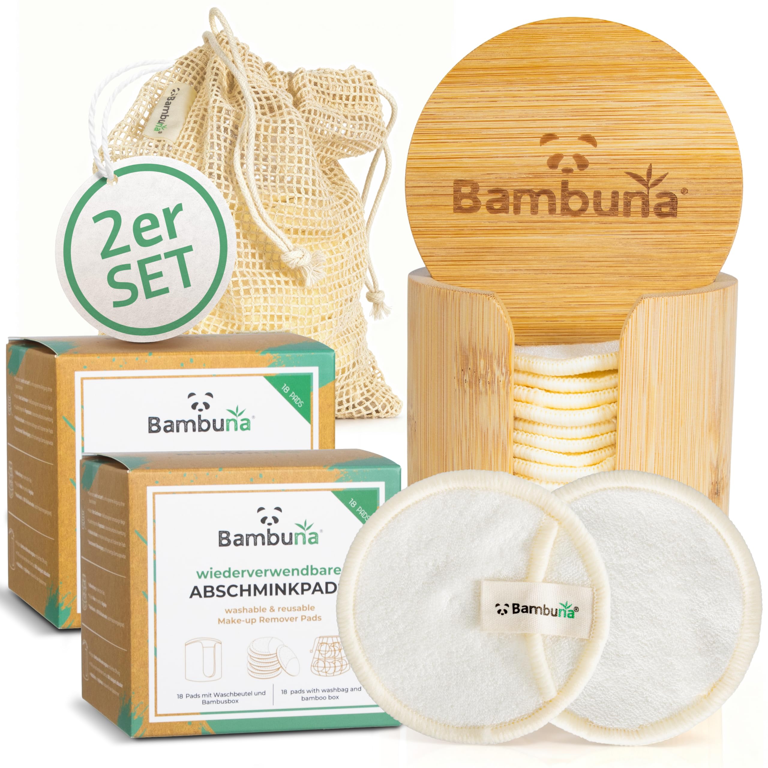Bambuna wiederverwendbare Abschminkpads | 2x18 Stück Baumwollpads | waschbare Make-up-Pads mit Aufbewahrungsbox und Waschbeutel | Zero Waste Kosmetikpads für Gesicht und Augen | vegan und plastikfrei