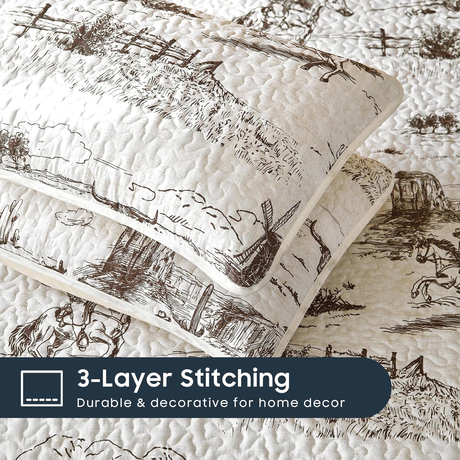 Wake In Cloud - Western Quilt Set, Rustic Ranch Life with Cowboy Southwestern Vintage Country Pattern Printed, Reversible Lightweight Bedspread Coverlet, 3 Pieces, Beige Brown, Queen/Full Size - Image 6