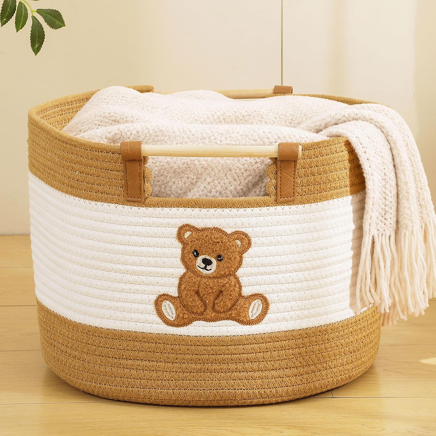 Large Blanket Basket 35L Cotton Rope Baskets with Wooden Handles Woven Baskets for Kids Stuffed Animal Toys Storage for Nursery, Laundry Hamper Clothes Baby Hamper Boys Gift Basket Empty, (Bear）