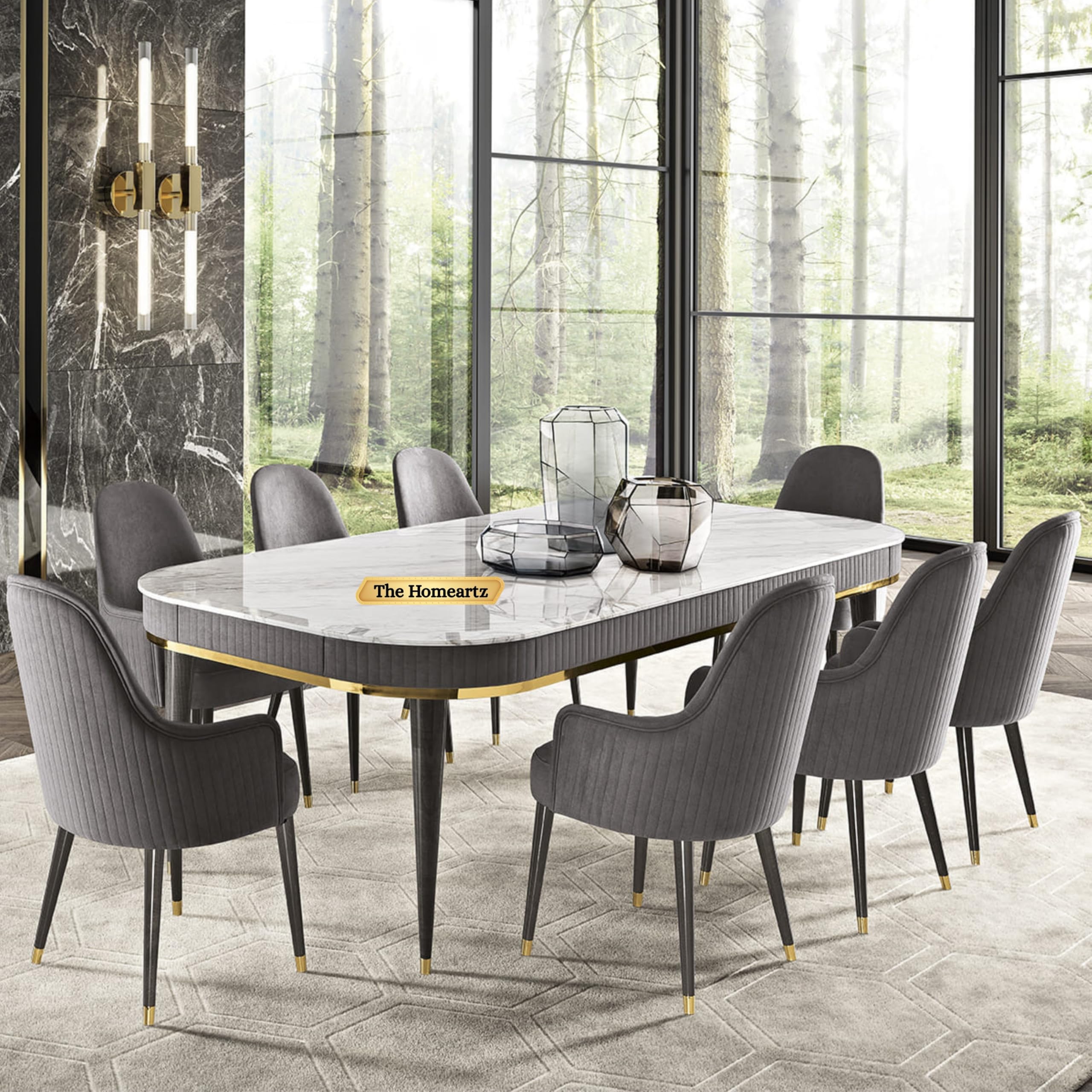 8-Seater Dining Table Set with 8 Chairs | Modern Elite Italian Statuario Marble Top | Solid Wood Base | 2 Year Warranty | Elegant Marble Dining Table – Modern Dining Room Furniture (Dark Gray )