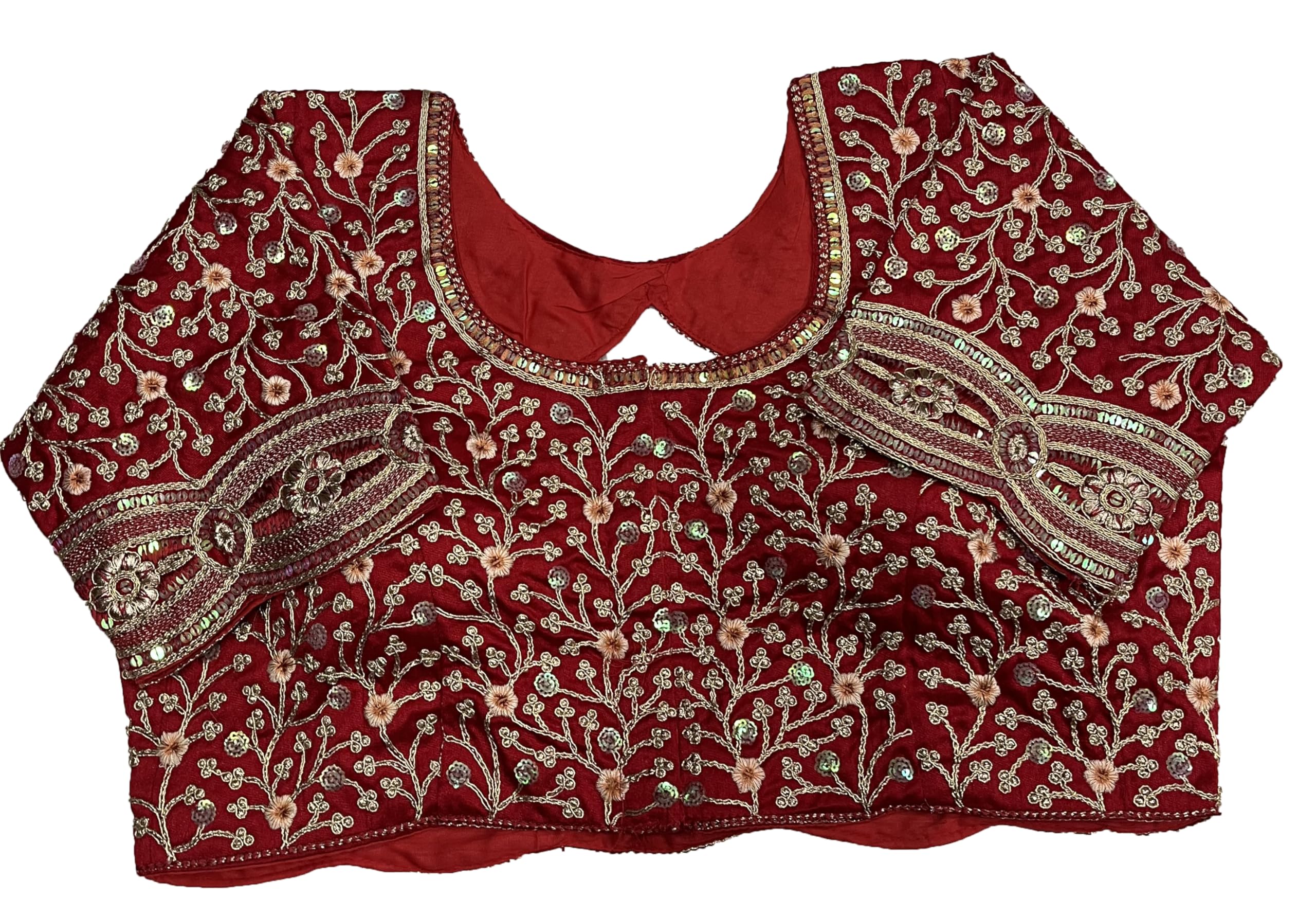 Pujia Mills Women Heavy Milan Silk Readymade Bridal Blouse Embroidery Golden Coding Multi Sequin Thread Work Ethnic Designer Stitched Blouse Half Sleeve Red Color Saree Bridal Lehenga Choli 42