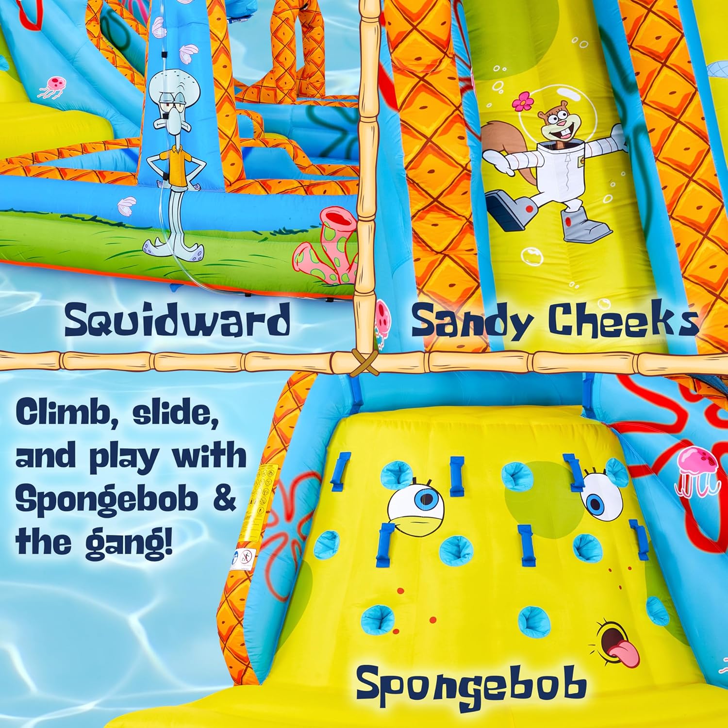 Sunny & Fun SpongeBob Mega Climb N’ Go Inflatable Water Slide Park – Heavy-Duty for Outdoor Fun - Climbing Wall, 2 Slides, Splash Pool – Easy to Set Up & Inflate with Included Air Pump & Carrying Case
